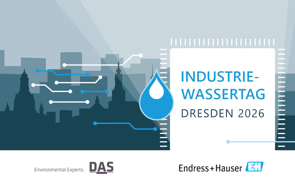 Industrie-Wassertag Dresden 2026 Plakat zeigt eine Skyline von Dresden mit digitalen Verbindungslinien und einem blauen Wassertropfen-Icon.