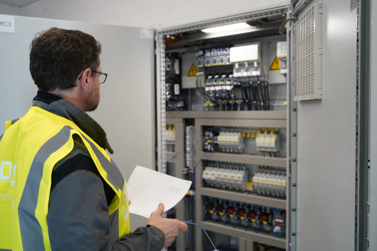 Control Panel A technician wearing a yellow safety vest examines and takes notes on an open electrical panel filled with various switches and wiring in a well-lit industrial setting.