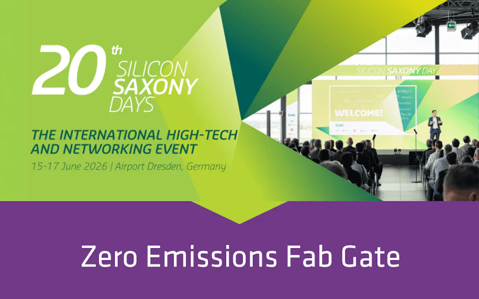 A large conference room at the Silicon Saxony Days 2026 event is filled with attendees facing a stage where "WELCOME!" is displayed on a screen, underlining the event's focus on international high-tech and networking, along with the theme "Zero Emissions Fab Gate."