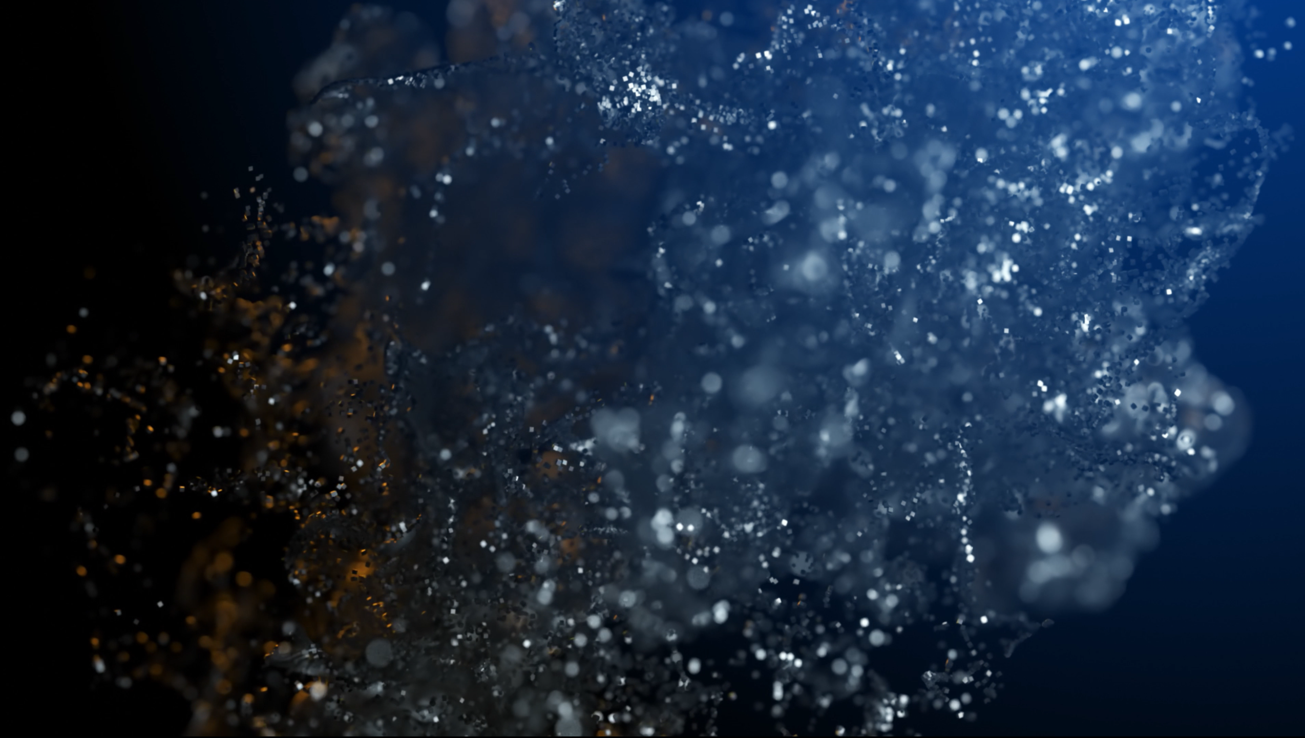 Ein faszinierendes abstraktes Bild, das eine dynamische, schimmernde Partikelwolke zeigt, die von blauem und orangefarbenem Licht beleuchtet wird und eine kosmische, ätherische Atmosphäre hervorruft.