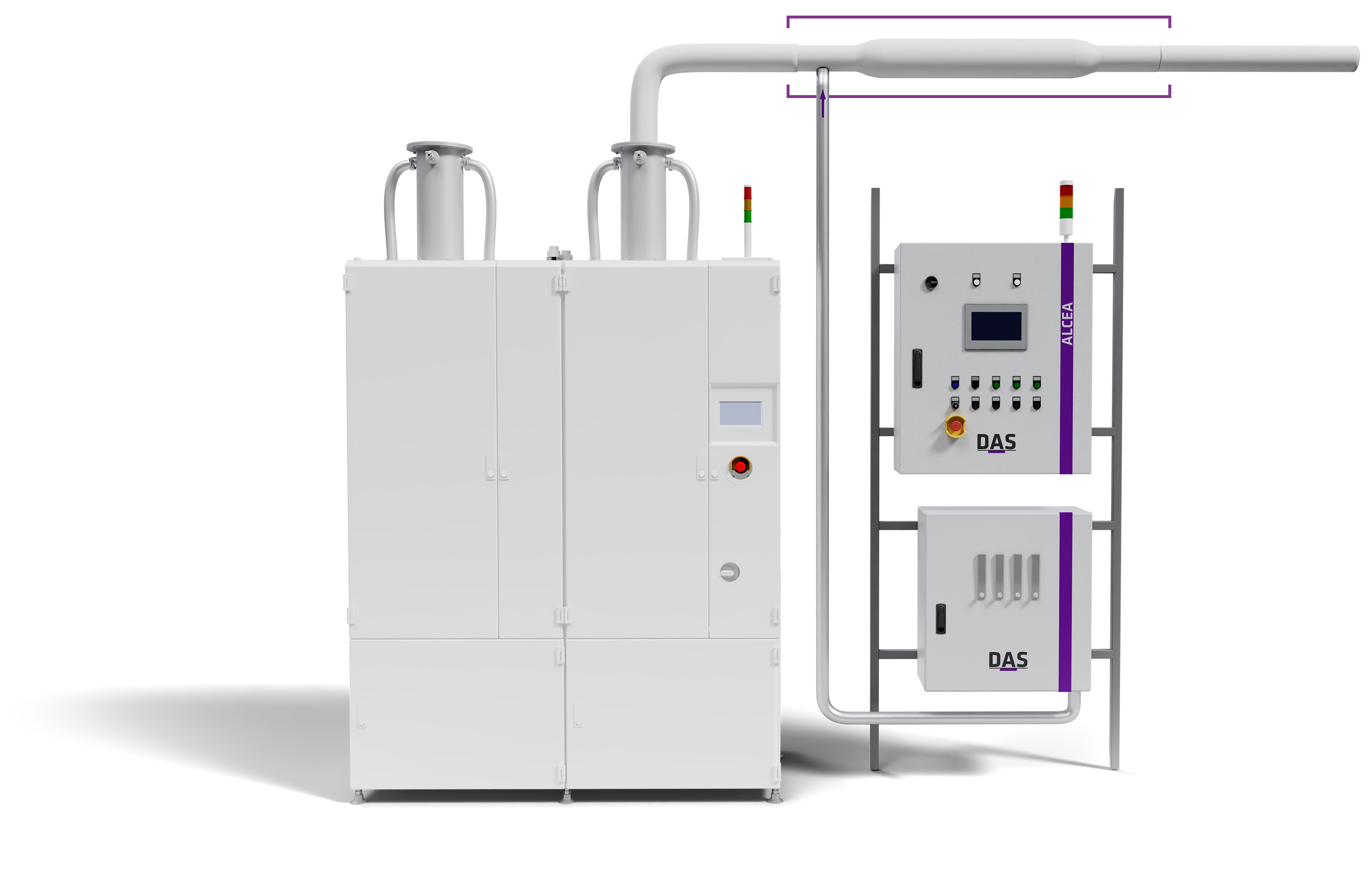 The image shows a white industrial cabinet on the left side and two boxes on the right side with multiple control panels, featuring a high-tech interface and labeled components to be used in a manufacturing setting.