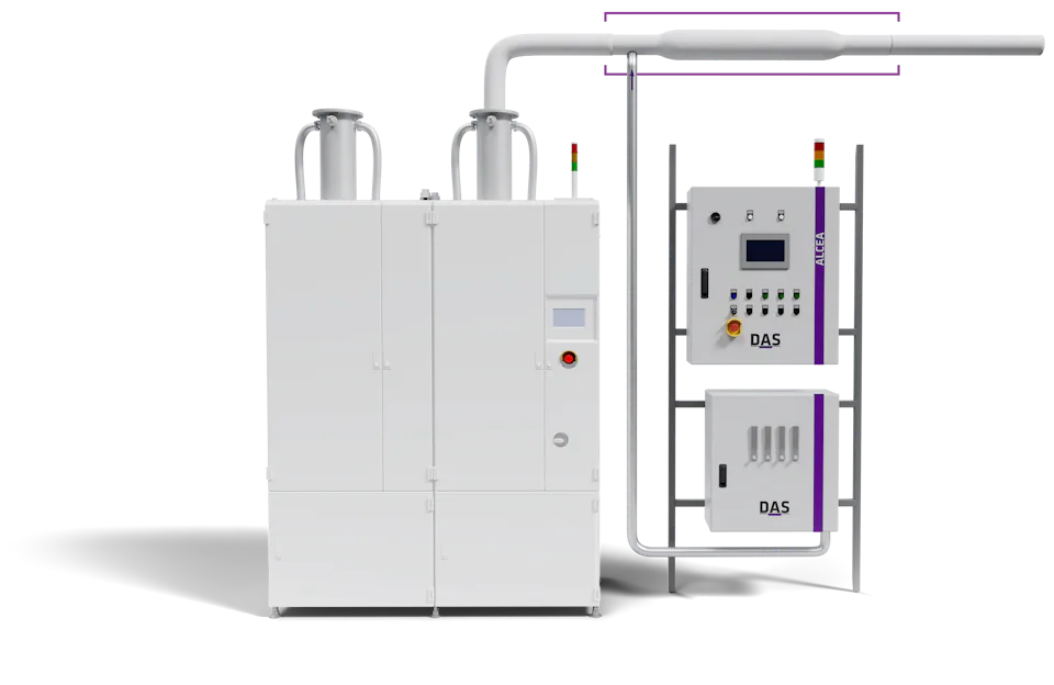 ALCEA - Advanced Catalytic Oxidation The image shows a white industrial cabinet on the left side and two boxes on the right side with multiple control panels, featuring a high-tech interface and labeled components to be used in a manufacturing setting.