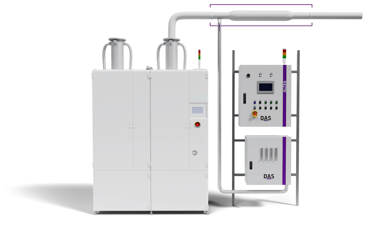 ALCEA - Advanced Catalytic Oxidation White industrial cabinet beside two boxes with control panels for a manufacturing setting