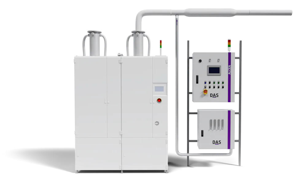 The image shows a white industrial cabinet on the left side and two boxes on the right side with multiple control panels, featuring a high-tech interface and labeled components to be used in a manufacturing setting.