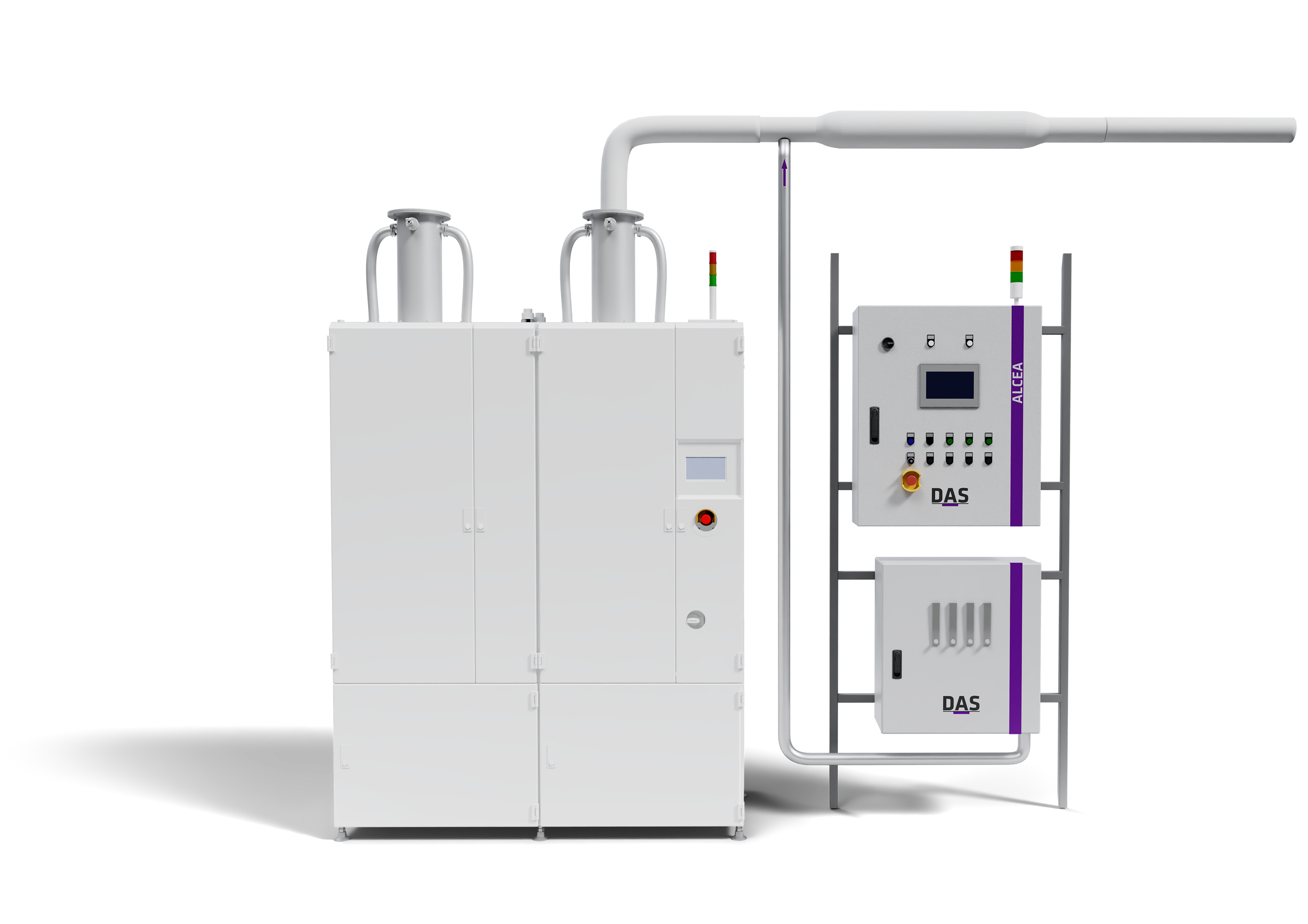 The image shows a white industrial cabinet on the left side and two boxes on the right side with multiple control panels, featuring a high-tech interface and labeled components to be used in a manufacturing setting.