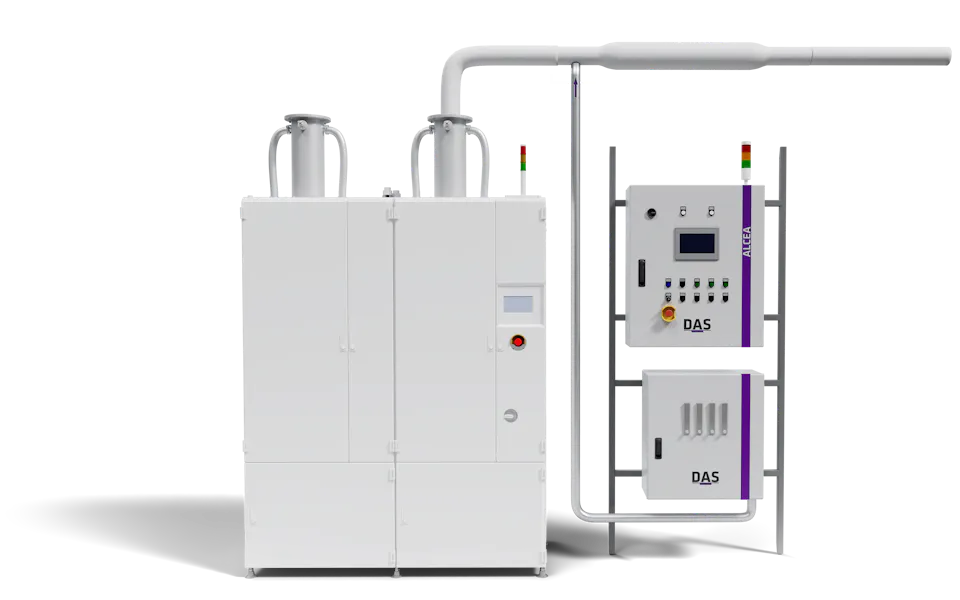 ALCEA - Advanced Catalytic Oxidation_web The image shows a white industrial cabinet on the left side and two boxes on the right side with multiple control panels, featuring a high-tech interface and labeled components to be used in a manufacturing setting.
