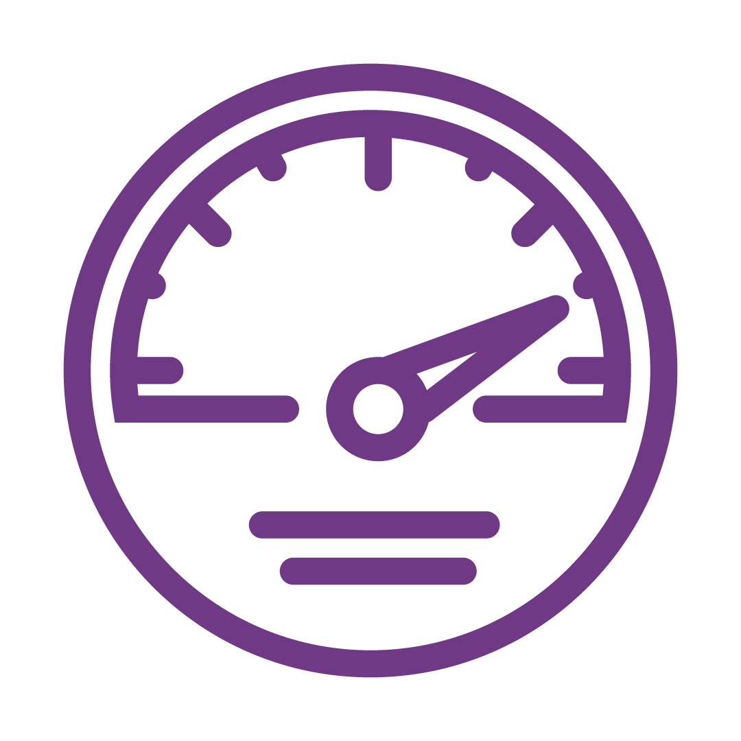 The icon shows a schematic representation of a speedometer in purple. A hand points to the right to indicate high efficiency
