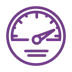 Icon Efficiency purple The icon shows a schematic representation of a speedometer in purple. A hand points to the right to indicate high efficiency