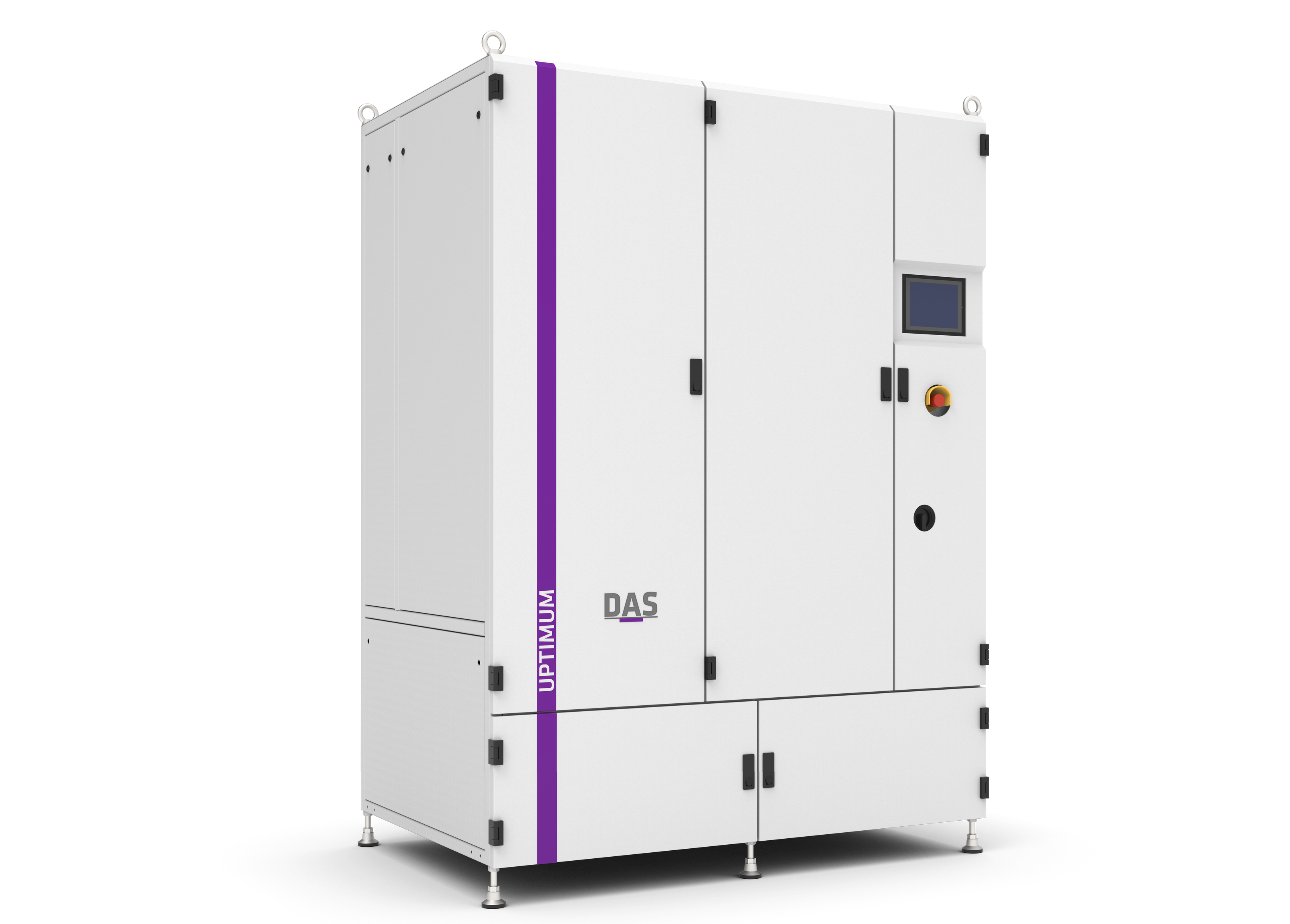 Industrial machine „UPTIMUM by DAS EE“ with a white exterior, purple stripe and controls, view from the front-left.