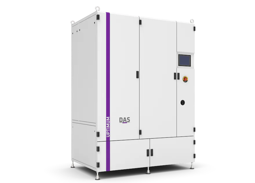 UPTIMUM front-left Industrial machine „UPTIMUM by DAS EE“ with a white exterior, purple stripe and controls, view from the front-left.