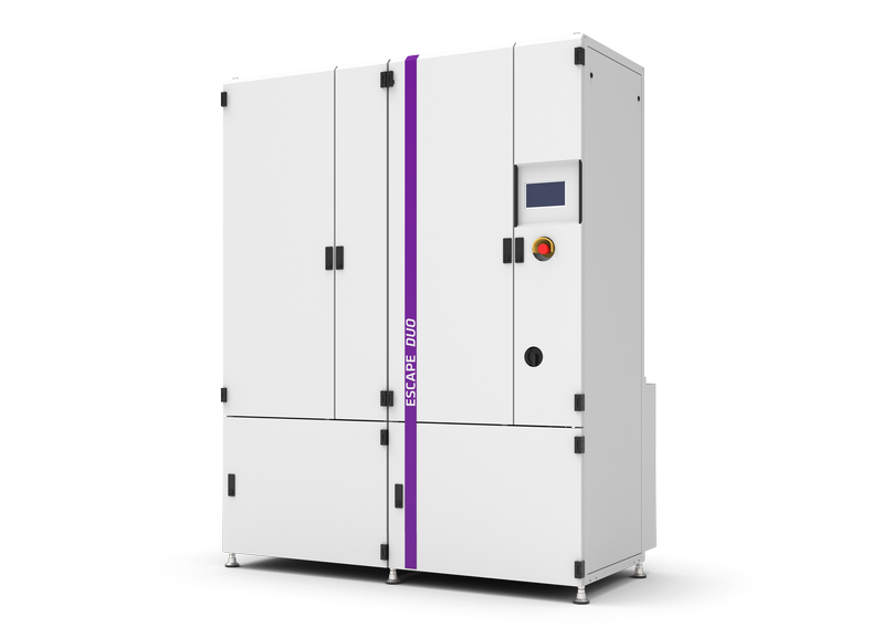 Modern industrial machine with a white exterior, purple stripe and digital control panel.