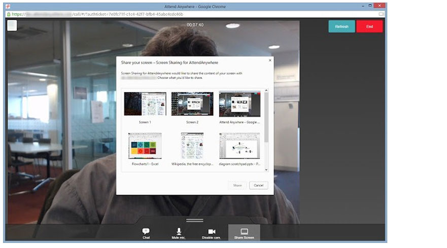 The images shows how a clinician selects the screen share option