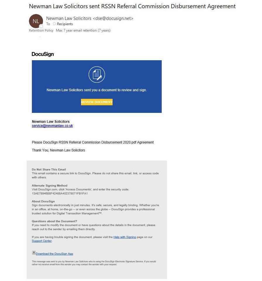 The image shows an email of a Dosusign phishing scam