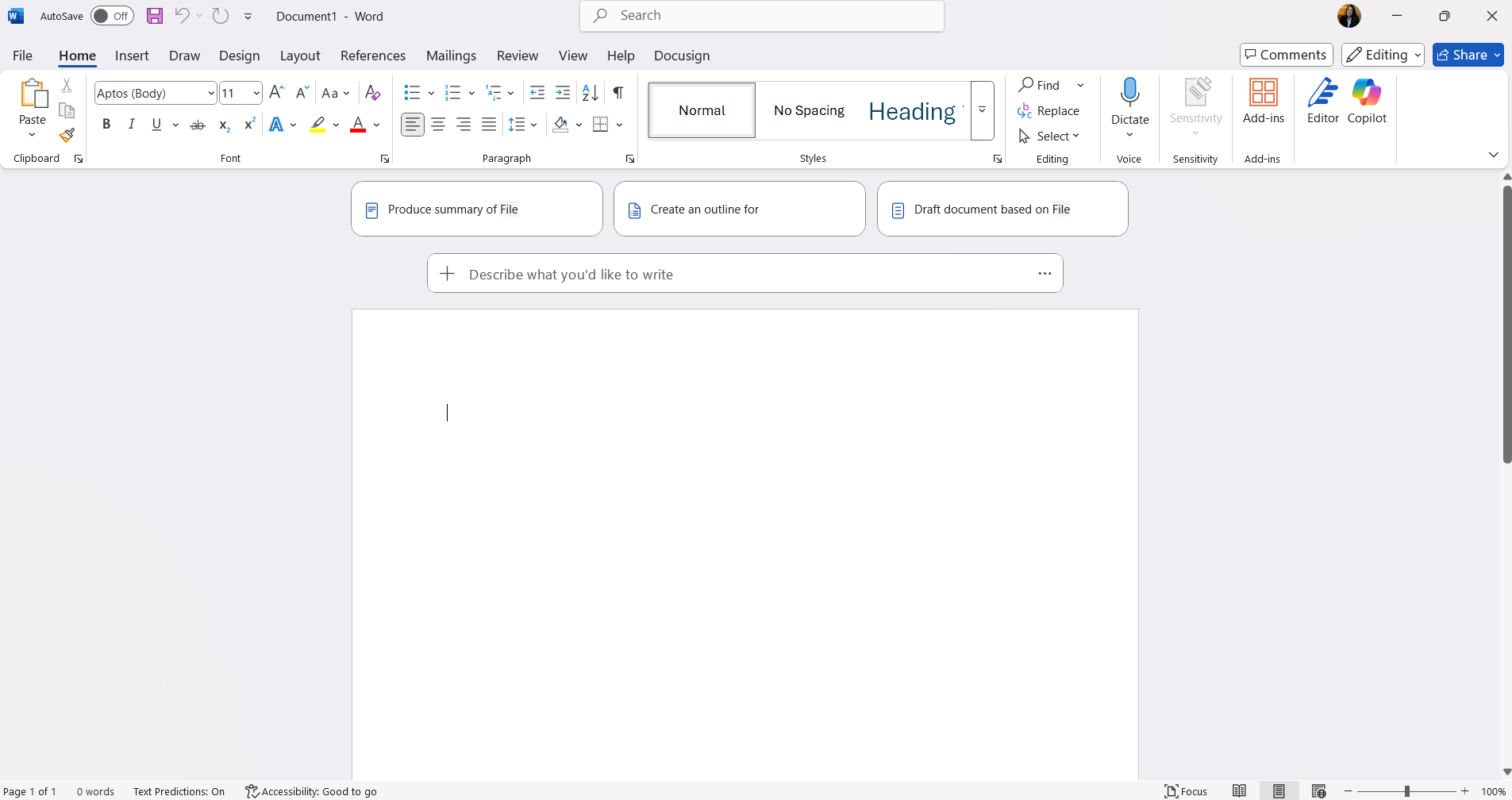 The image shows a blank Word document before any prompting has taken place with Copilot