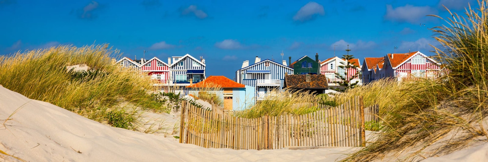 Fishermen's cottages seen from the beach in Costa Nova