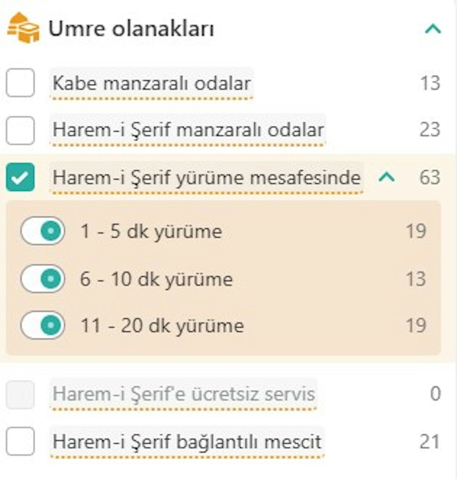 Umre olanakları ve filtreleri