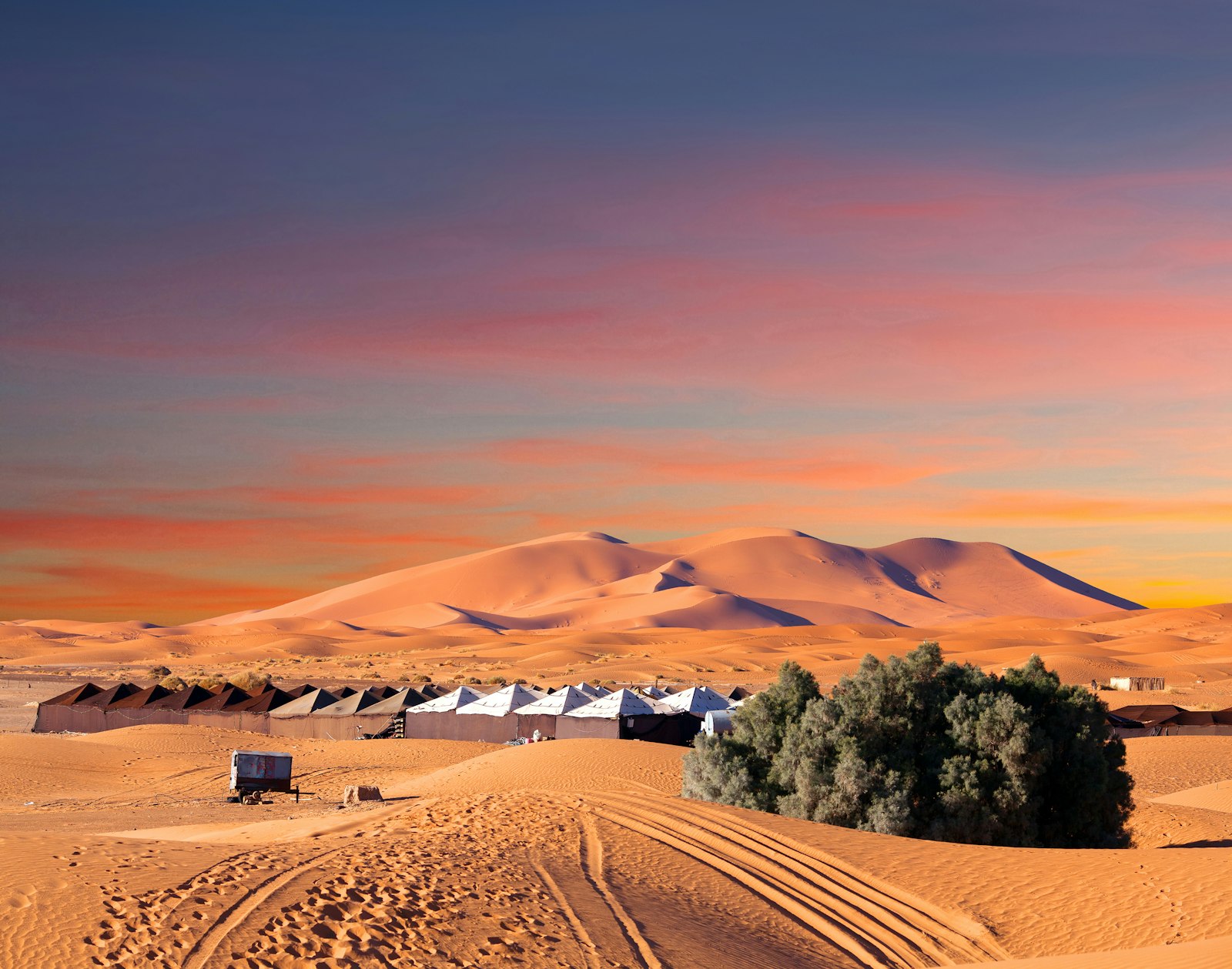 Camp site over sand dunes in Merzouga