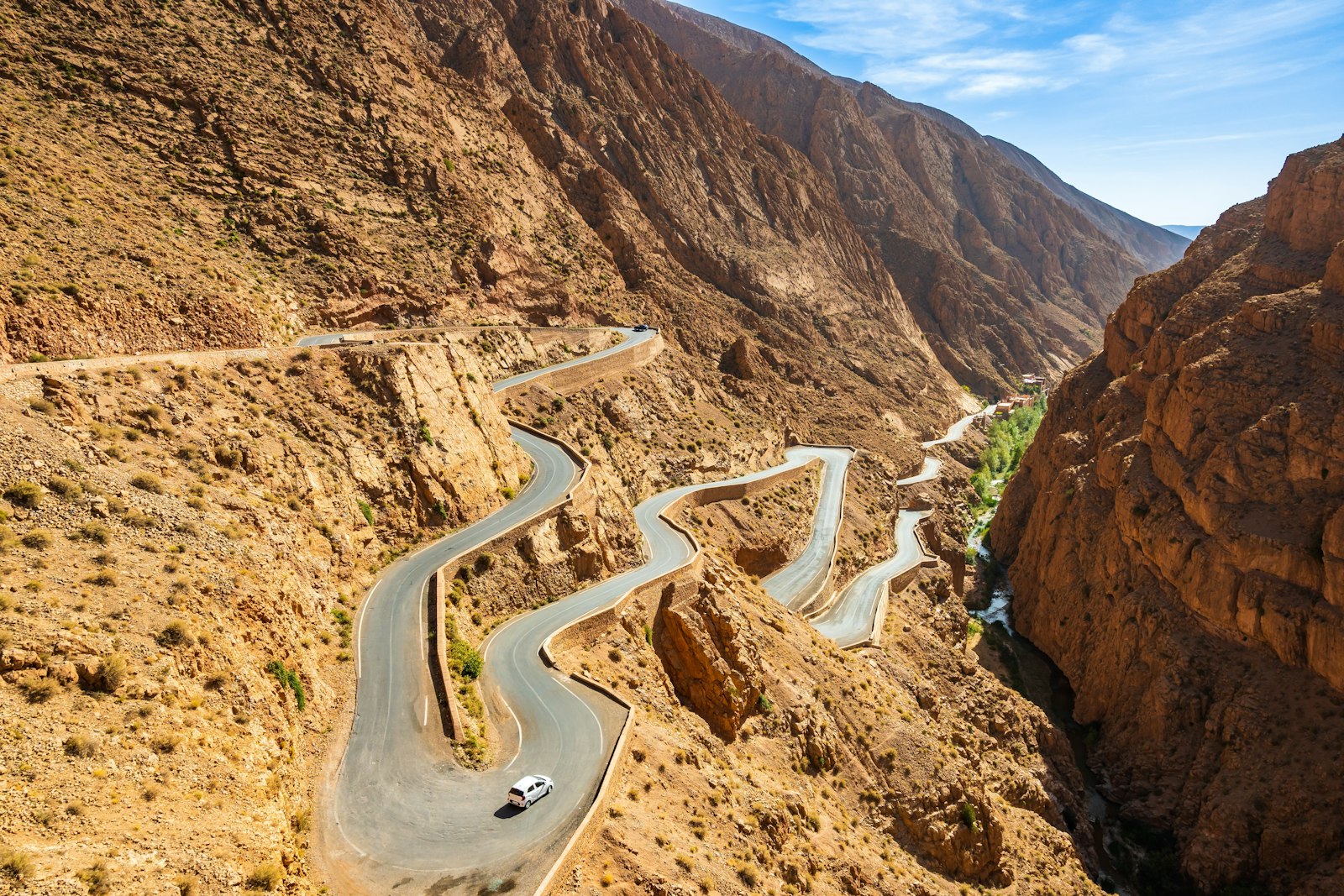 Winding road through the desert mountain landscape of Dades Gorge