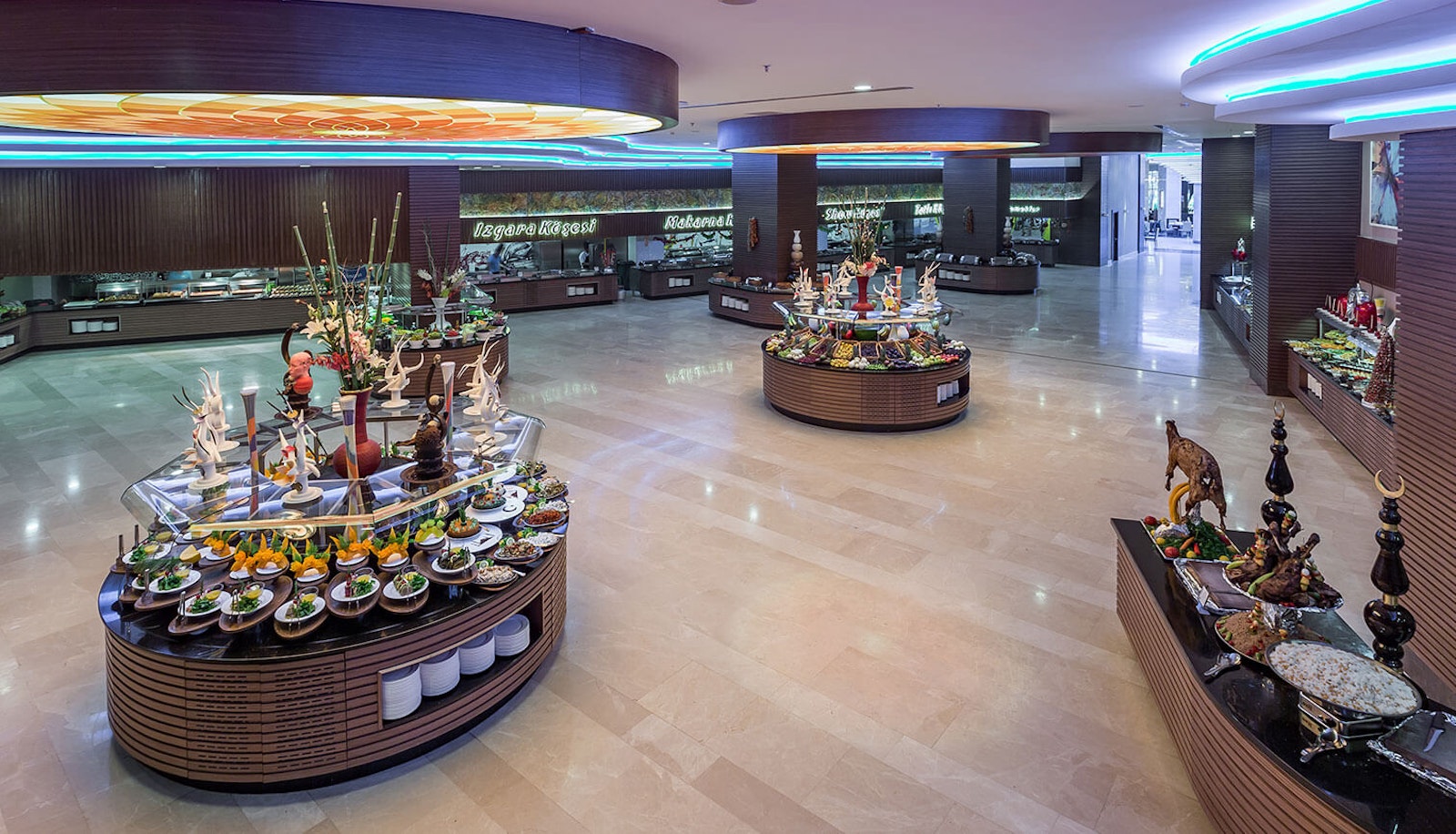 The main buffet offers an extensive spread of halal Turkish and international cuisine across multiple stations.