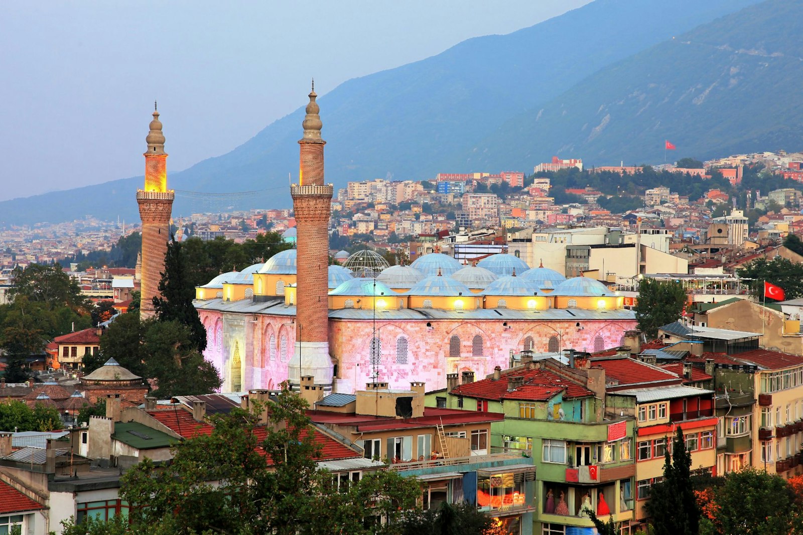 The Grand Mosque (Ulu Cami) sits at the heart of Bursa, the first capital of the Ottoman Empire, below Mount Uludağ.