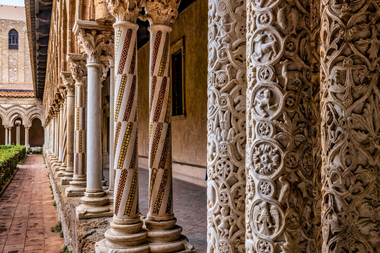 Ornate cloister columns at Monreale Cathedral