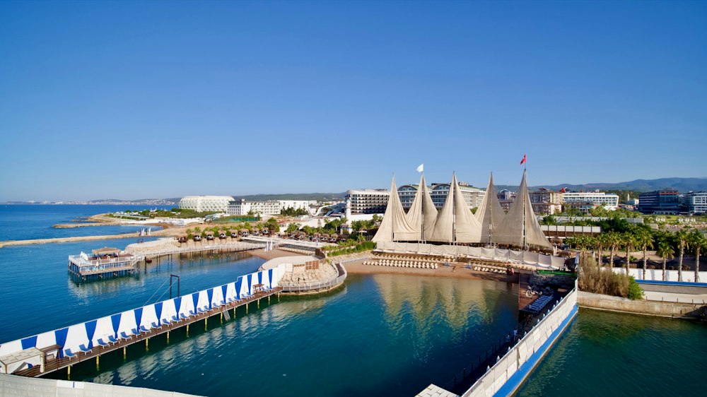White sail canopies over the sea lagoon at Adenya Hotel & Resort, Alanya