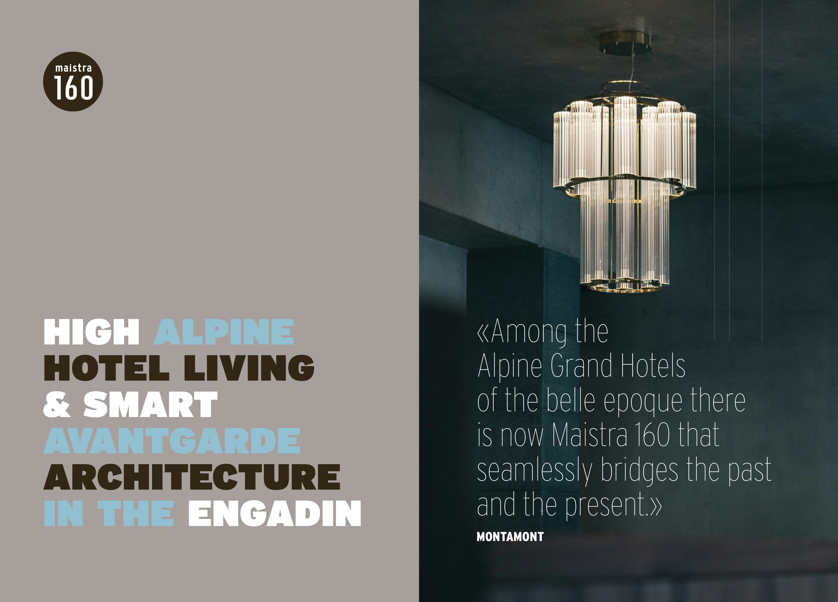 Links Text über High Alprine Living, rechts eine moderne Hängelampe mit Glasröhren vor einer dunkelgrauen Wand im Maistra Hotel.