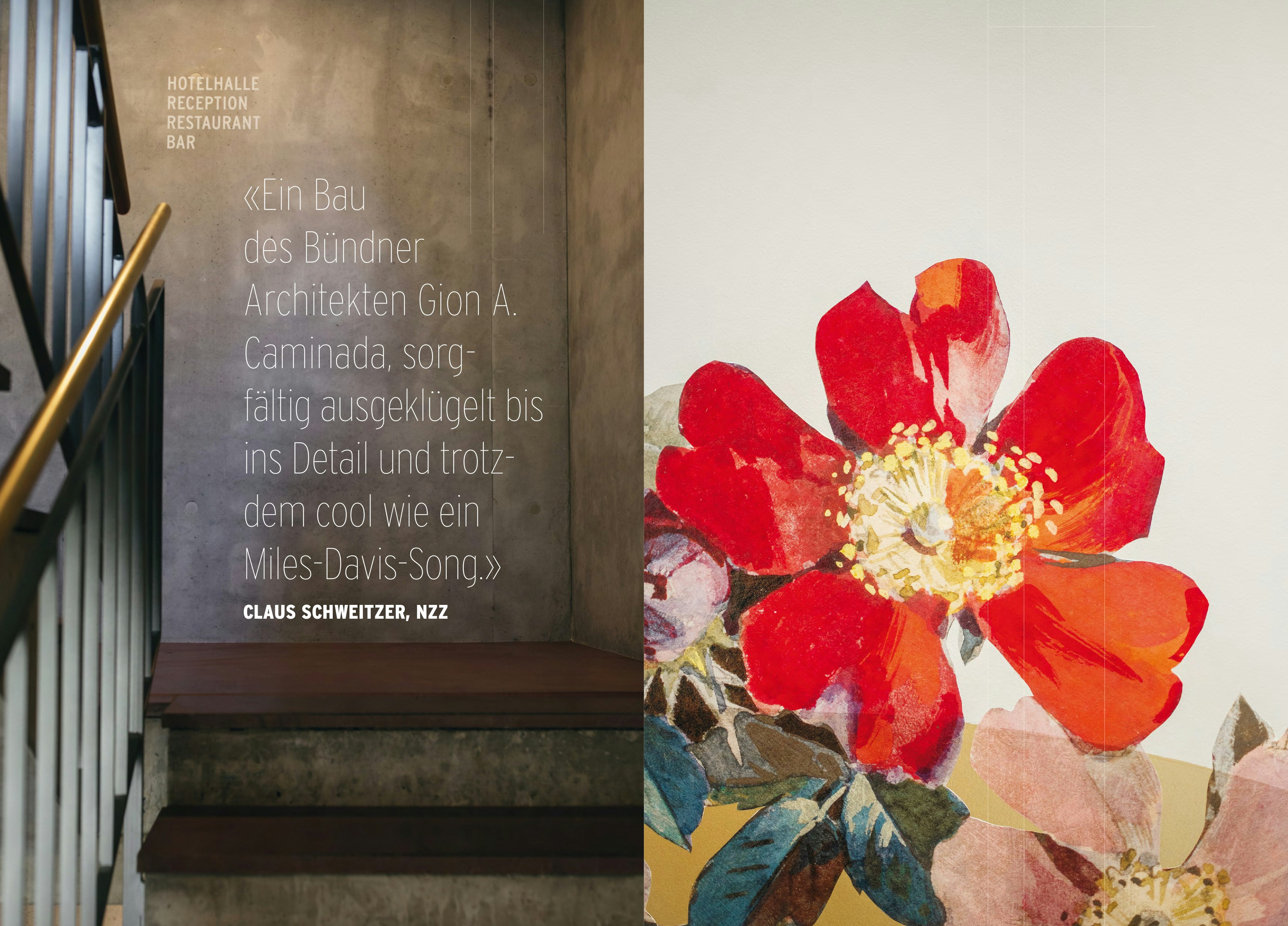 Betontreppe mit Metallgeländer und Zitat, rechts davon Wandbild einer roten Blume.
