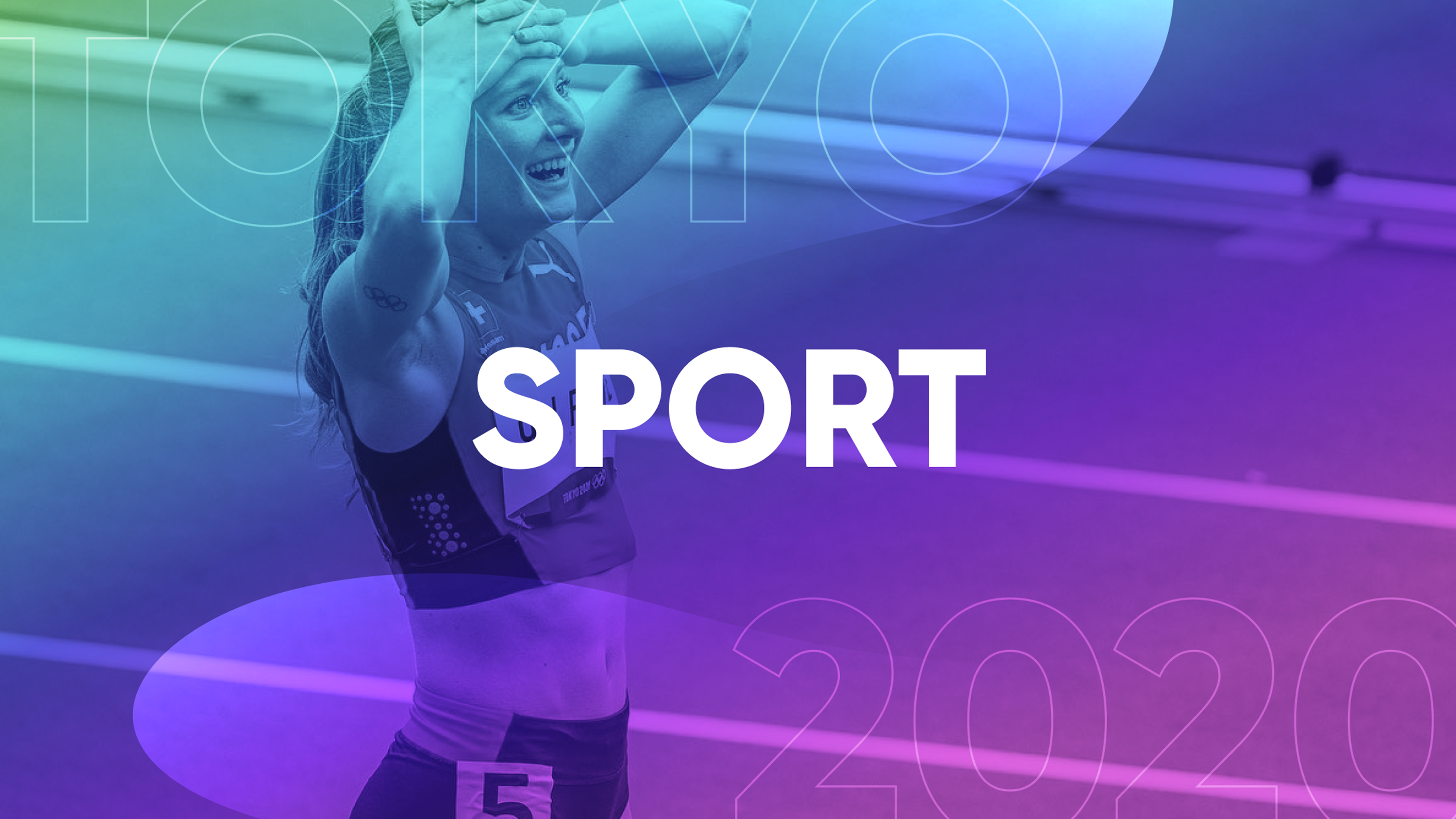 Sports graphic featuring an athlete with violet-blue-green gradient, white “SPORT” in the center, subtle outlines of “TOKYO 2020”.