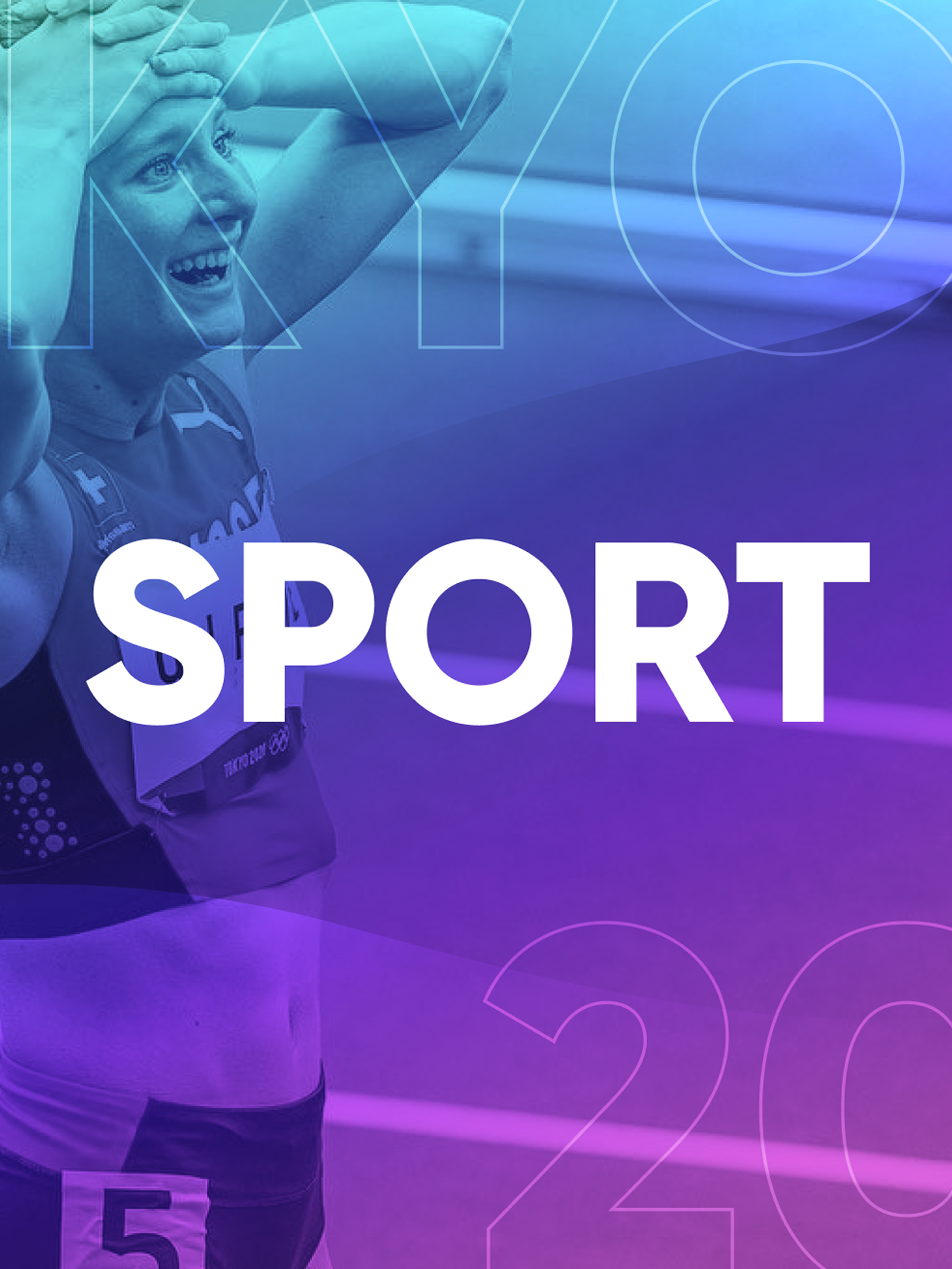Sports graphic featuring an athlete with violet-blue-green gradient, white “SPORT” in the center, subtle outlines of “TOKYO 2020”.