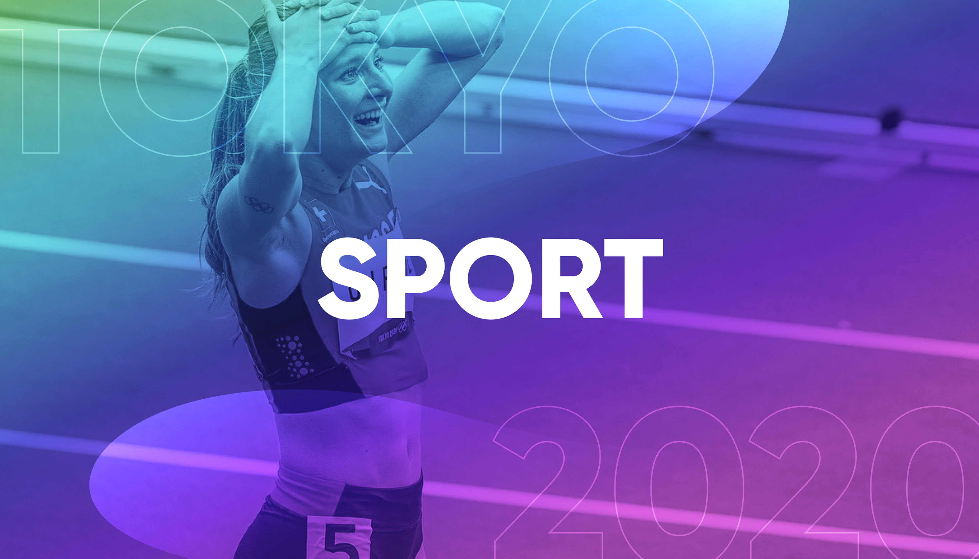 Sports graphic featuring an athlete with violet-blue-green gradient, white “SPORT” in the center, subtle outlines of “TOKYO 2020”.
