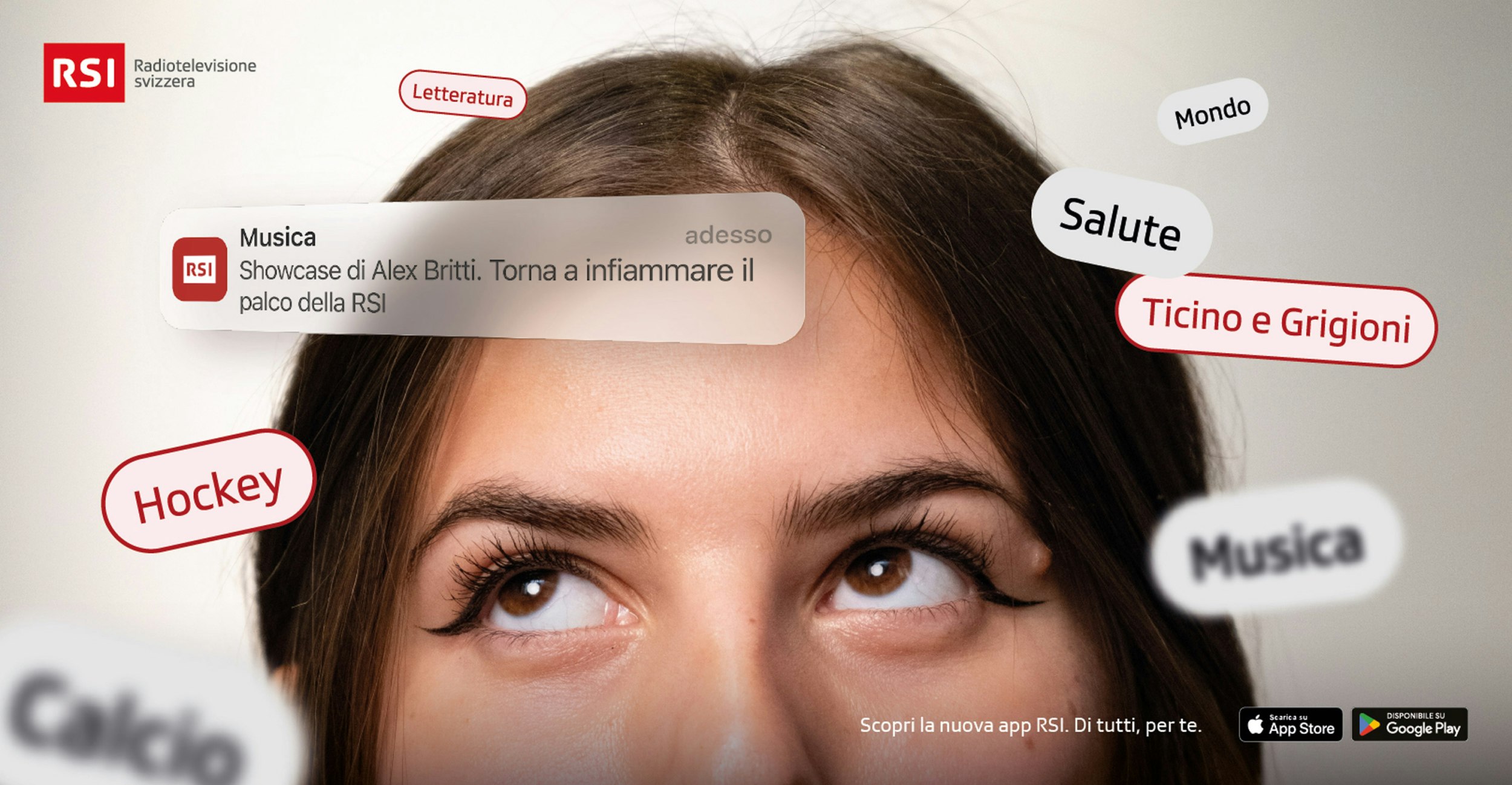 Woman with brown eyes surrounded by keywords like Music, Hockey and Salute, with RSI notification.