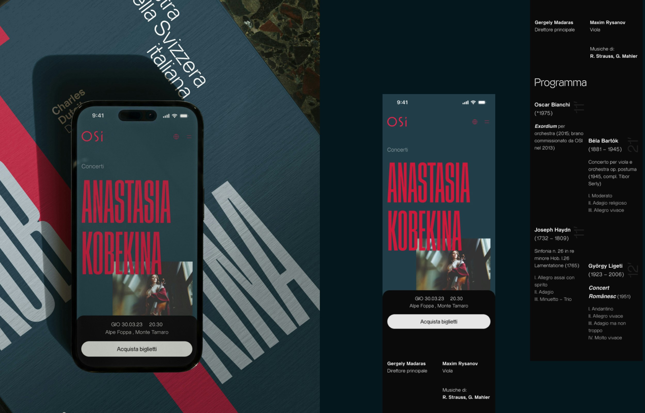 Smartphone displaying the Orchestra della Svizzera italiana concert program with the name “Anastasia Kobekina” in red text and program details.