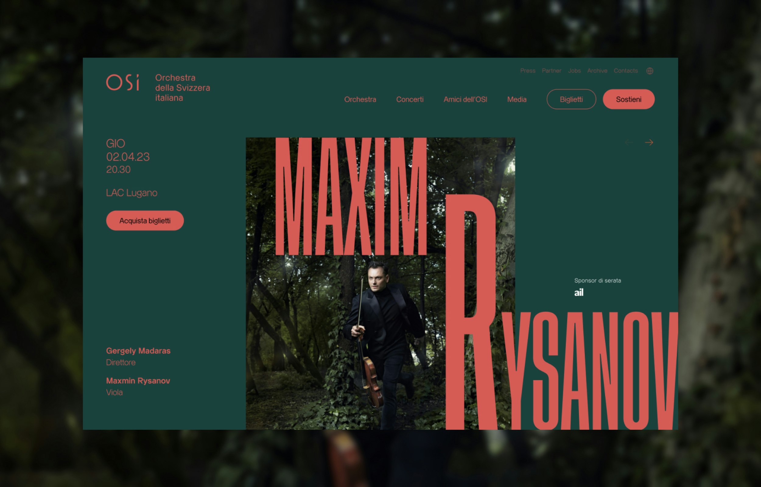 Website with green background, large red text and photo of Maxim Rysanov in a forest for a concert.
