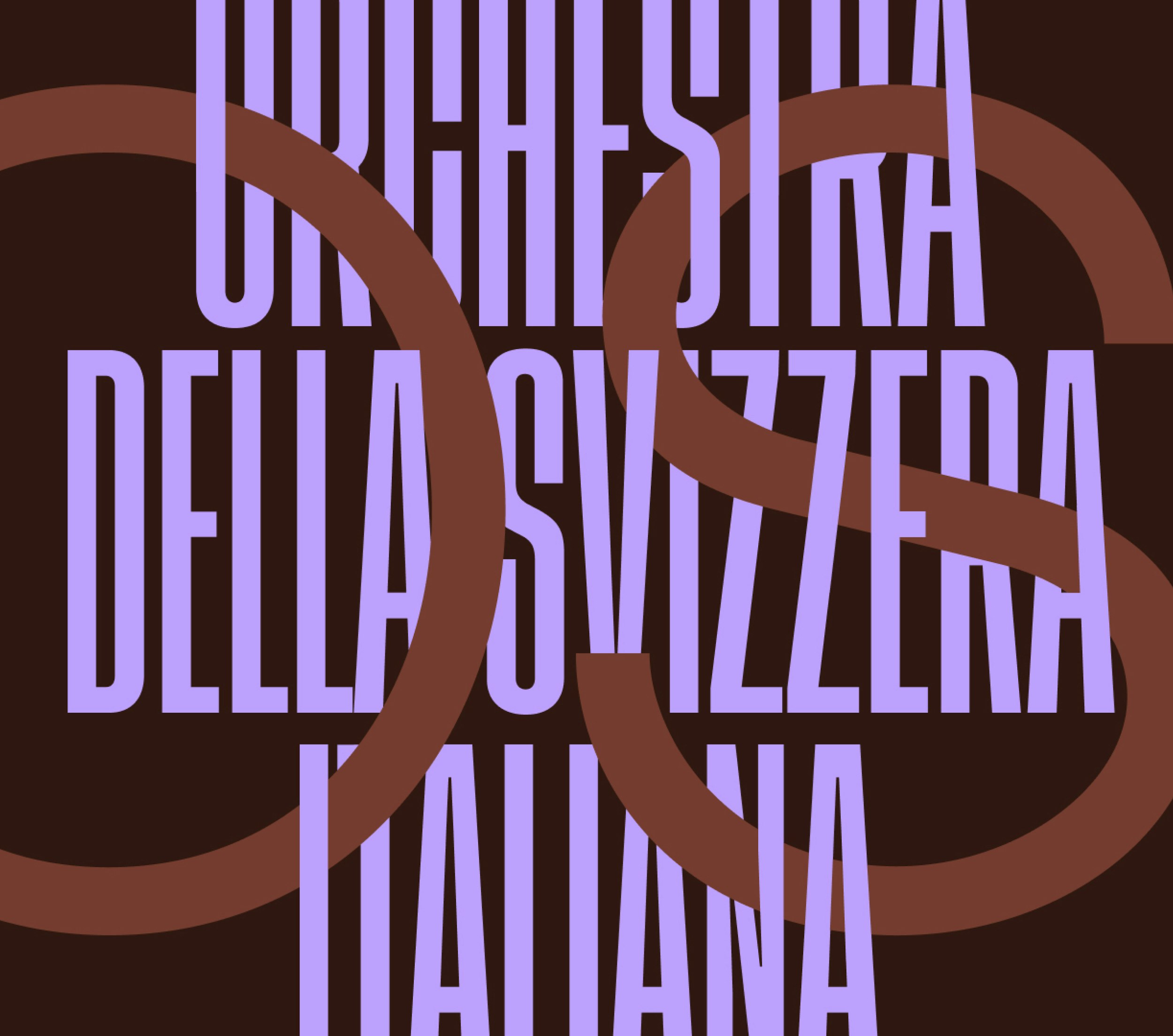 Graphic composition of purple text and brown circular elements with the words “Orchestra della Svizzera italiana”.