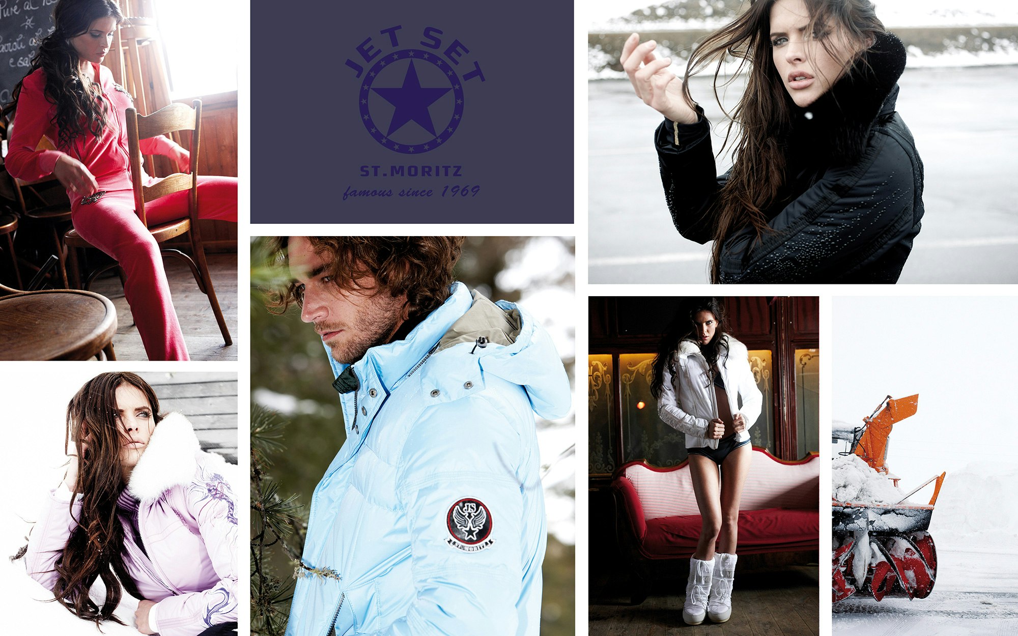 Collage aus Jet-Set-Modefotos mit Winterjacken und sportlich-eleganten Looks, kombiniert mit dem Markenlogo.