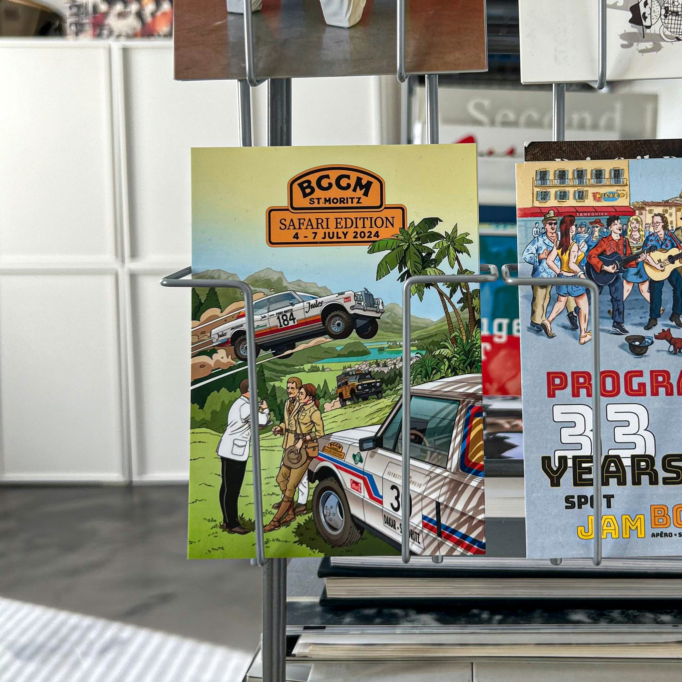 Postkarte mit bunter Illustration für das BGCM St. Moritz Event „Safari Edition“ vom 4.–7. Juli 2024.