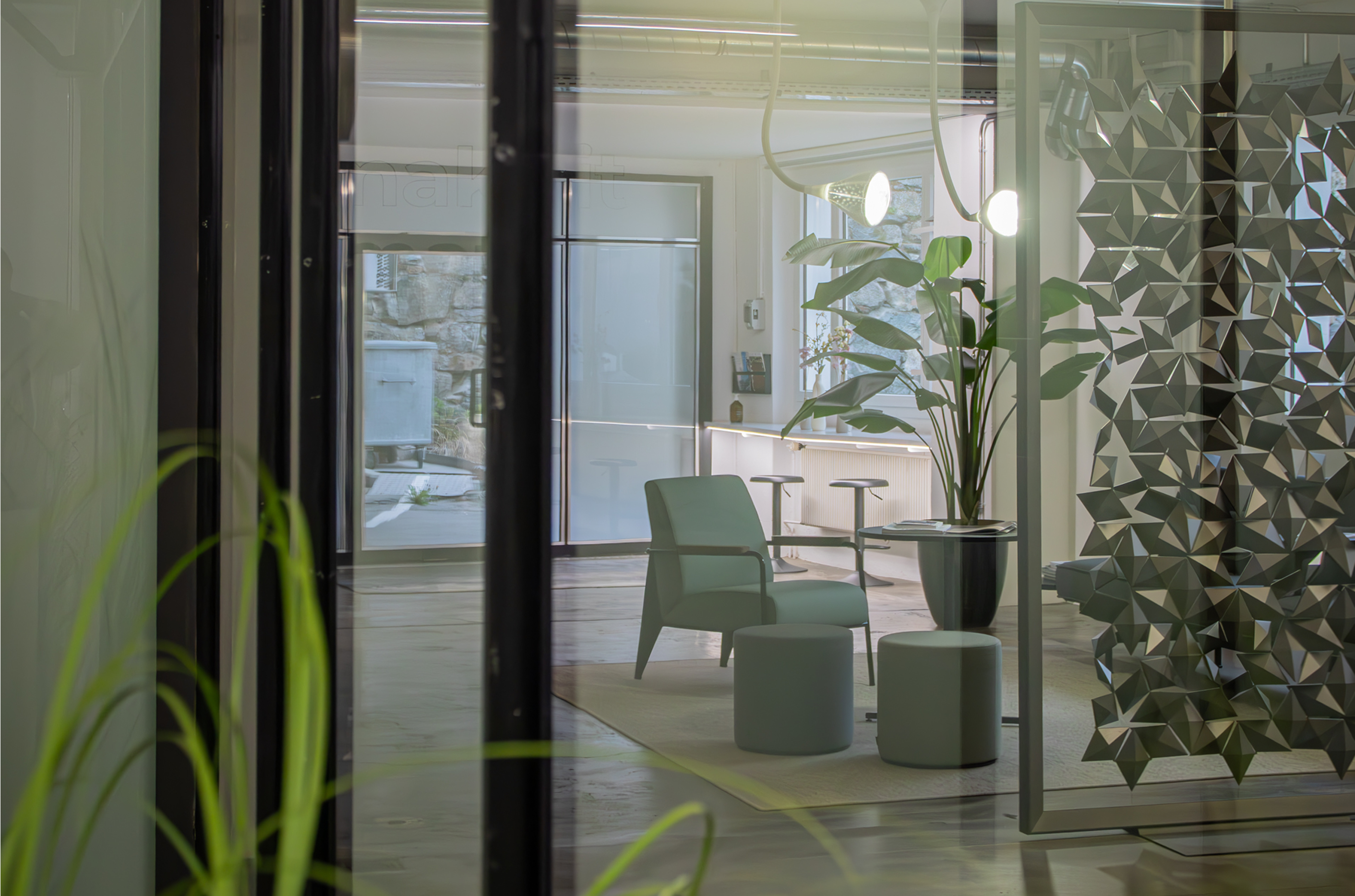 View through a glass wall into the agency’s reception and lounge area featuring seating, plants, and a decorative room partition.