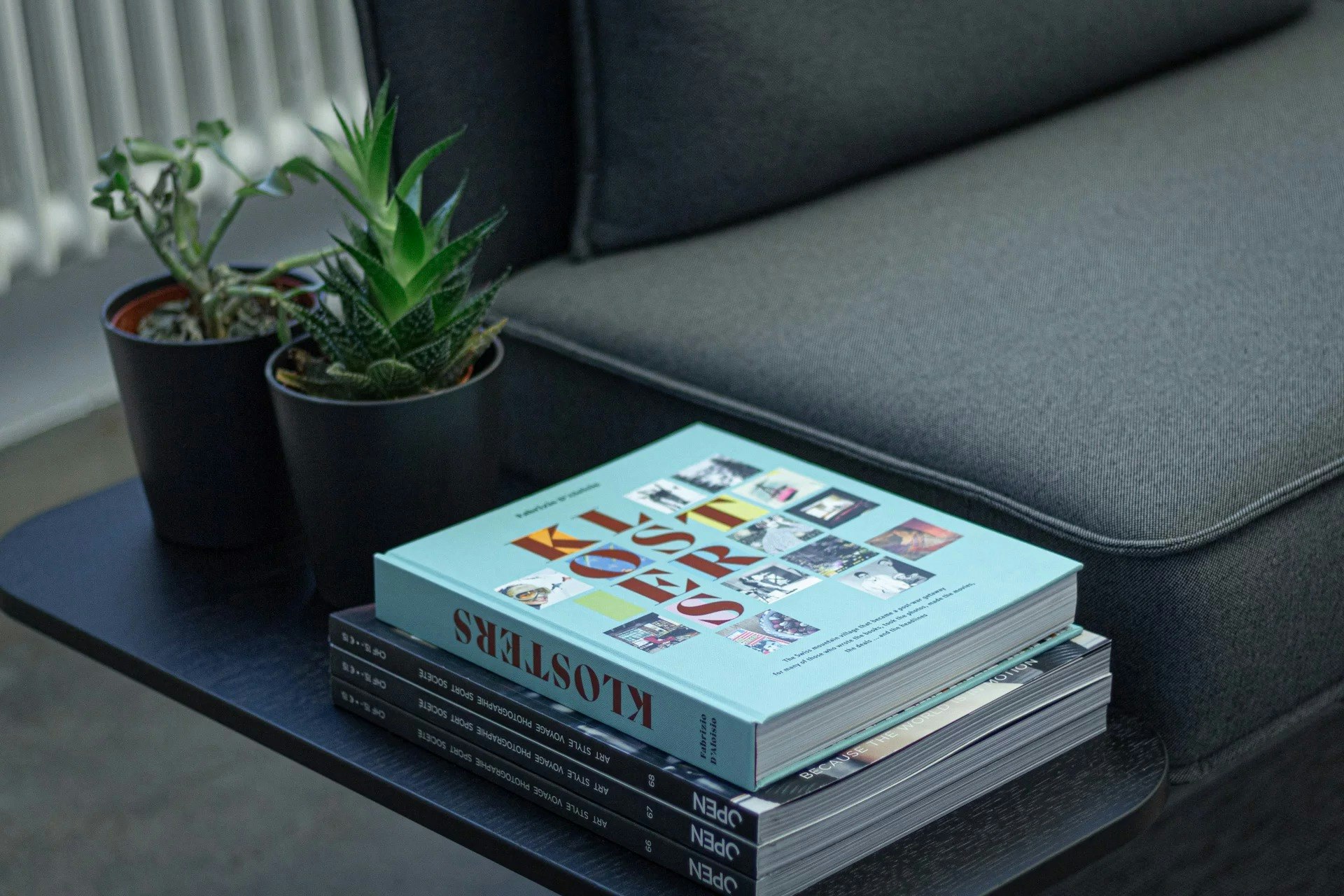 Couchtisch mit dem Bildband Klosters und weiteren Magazinen neben zwei kleinen Zimmerpflanzen.