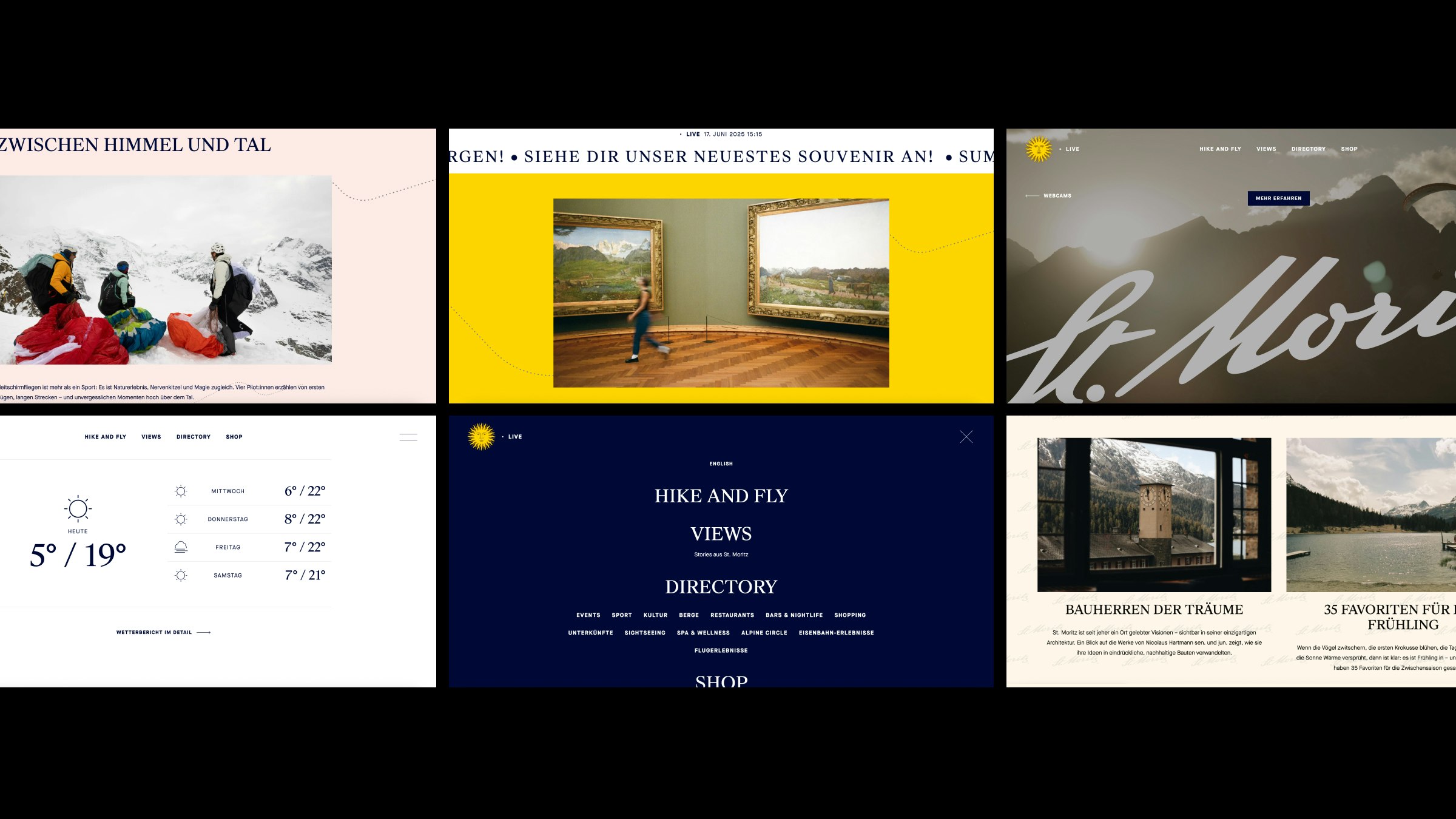 Sechs Weblayouts für die St. Moritz-Seite, die Naturerlebnisse, Kultur und Wetterinfos modern und übersichtlich präsentieren.