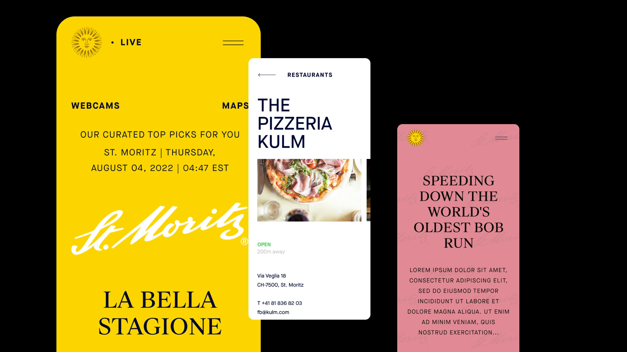 Drei mobile Screens mit frischen Farben und klarer Typografie für St. Moritz: Veranstaltungsinfos, Restauranttipps und Erlebnisstories.