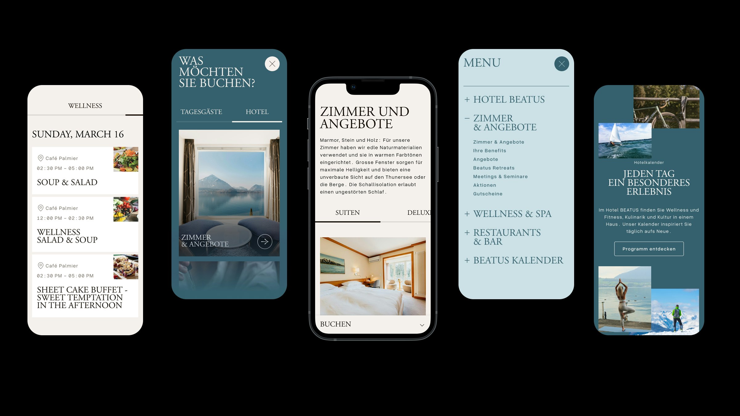 Mobile Screens der Beatus-Website mit Hotelinfos, Menü und Tagesprogramm.