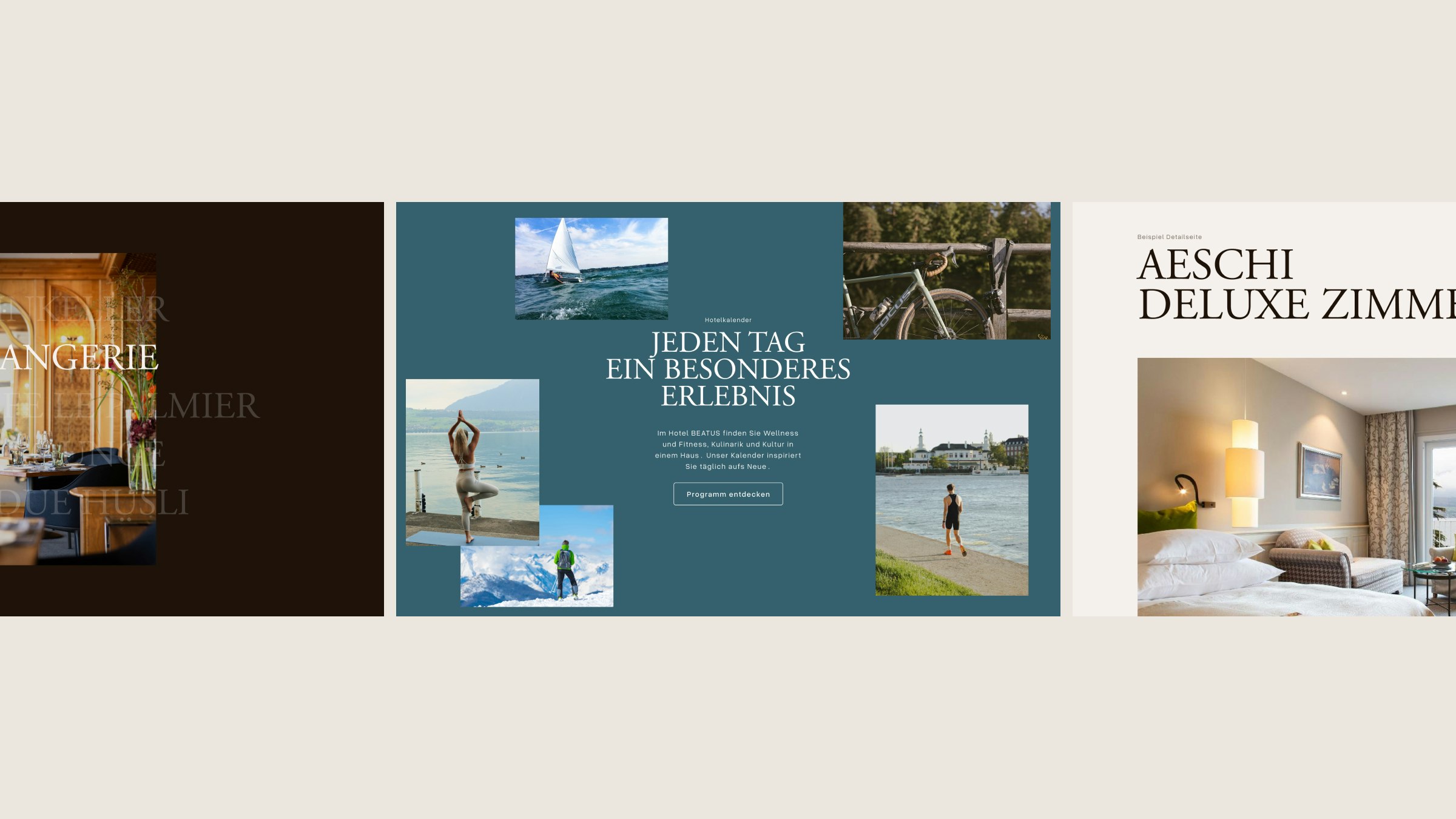 Website-Layout des Hotel Beatus mit Wellness-, Erlebnis- und Zimmer-Highlights.