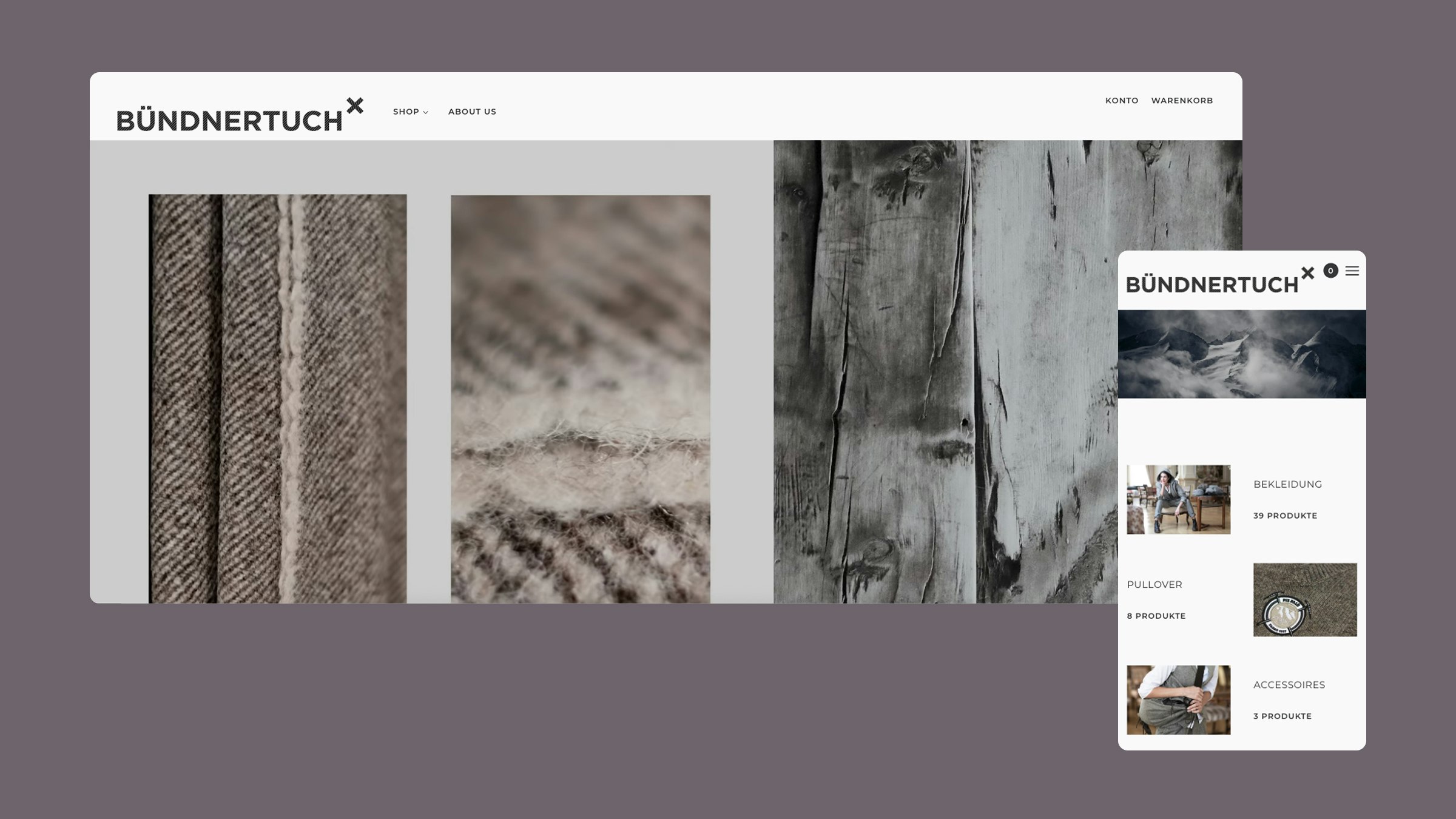 Website- und Mobile-Ansicht des Bündnertuch-Onlineshops für Textilien und Mode.