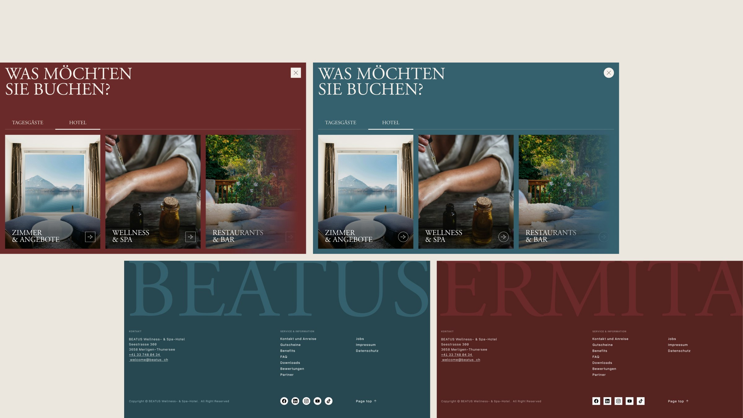 Farbvarianten der Beatus-Hotelbuchungsseite mit Zimmer-, Wellness- und Restaurantangebot.