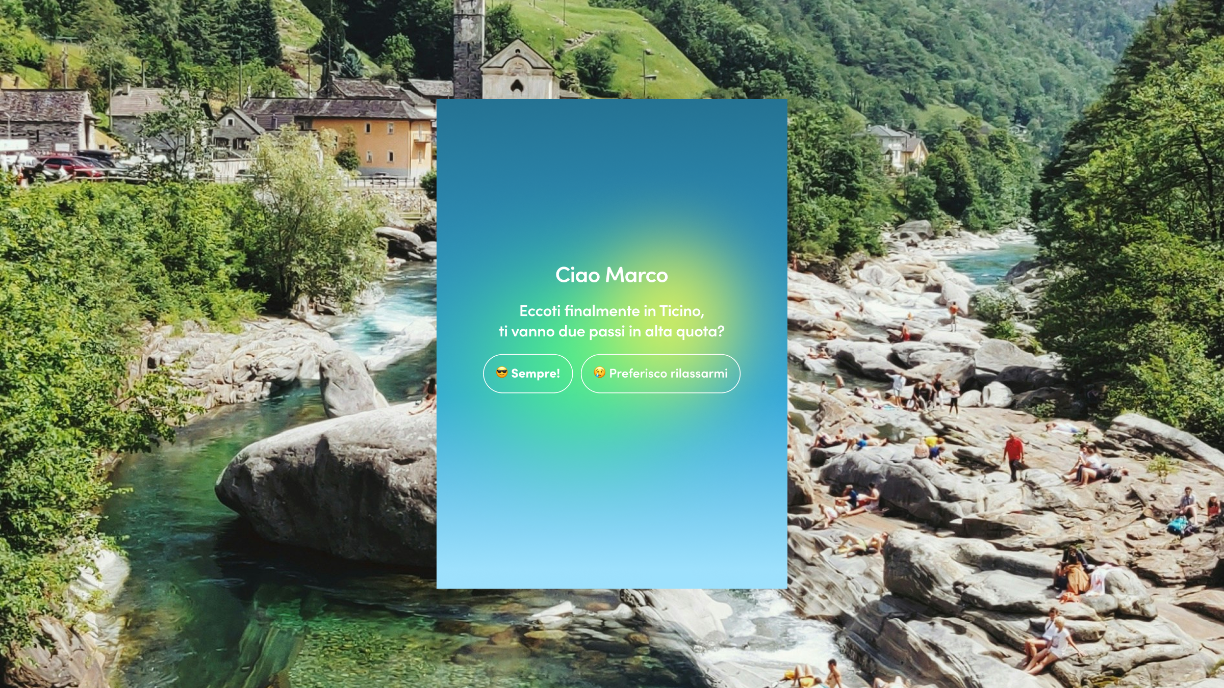 Personalisierte Willkommensseite für das Tessin mit interaktivem Einstieg.