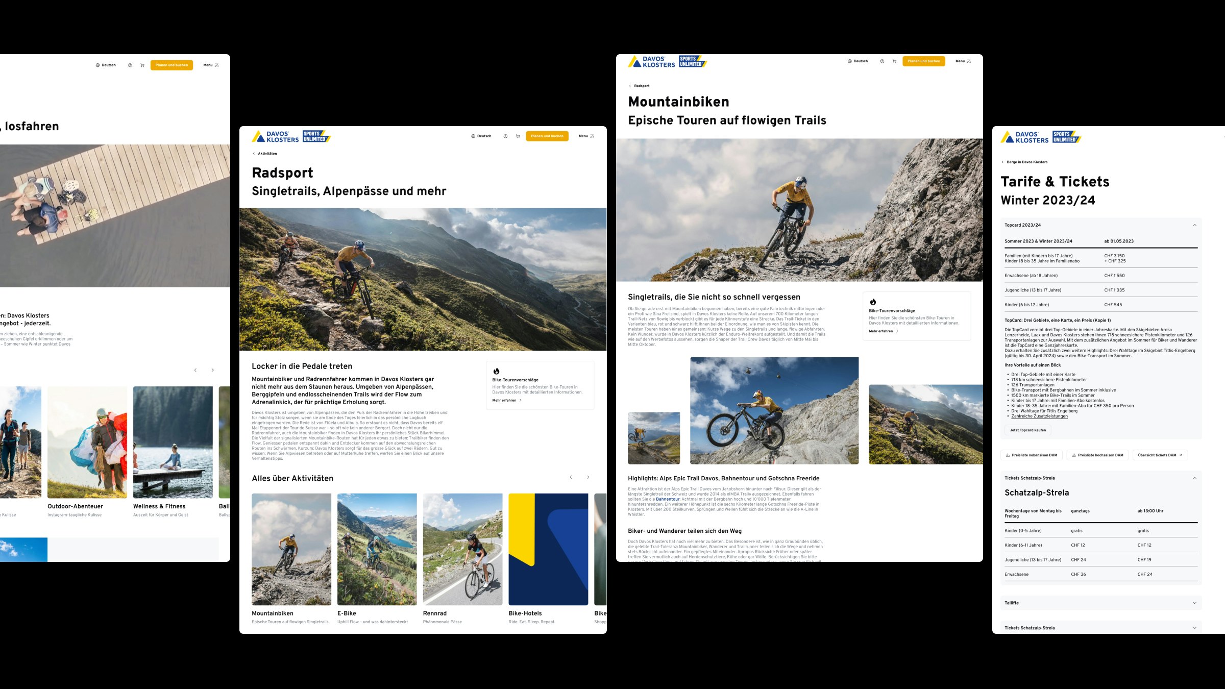 Website-Pages für Davos Klosters mit Infos zu Radsport, Tarifen und Tickets.