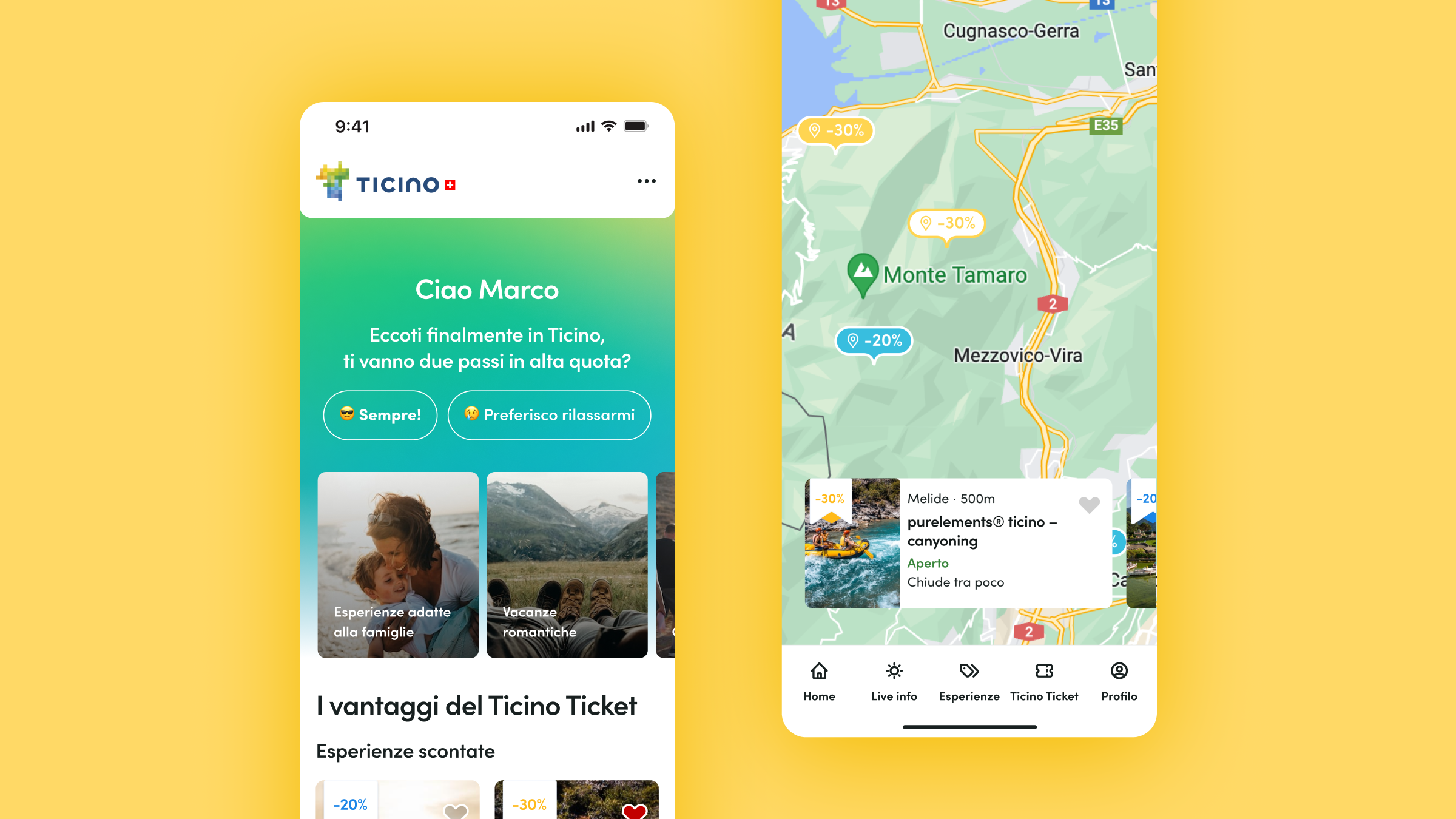 Ticino-App mit personalisierter Begrüßung und interaktiver Karte.