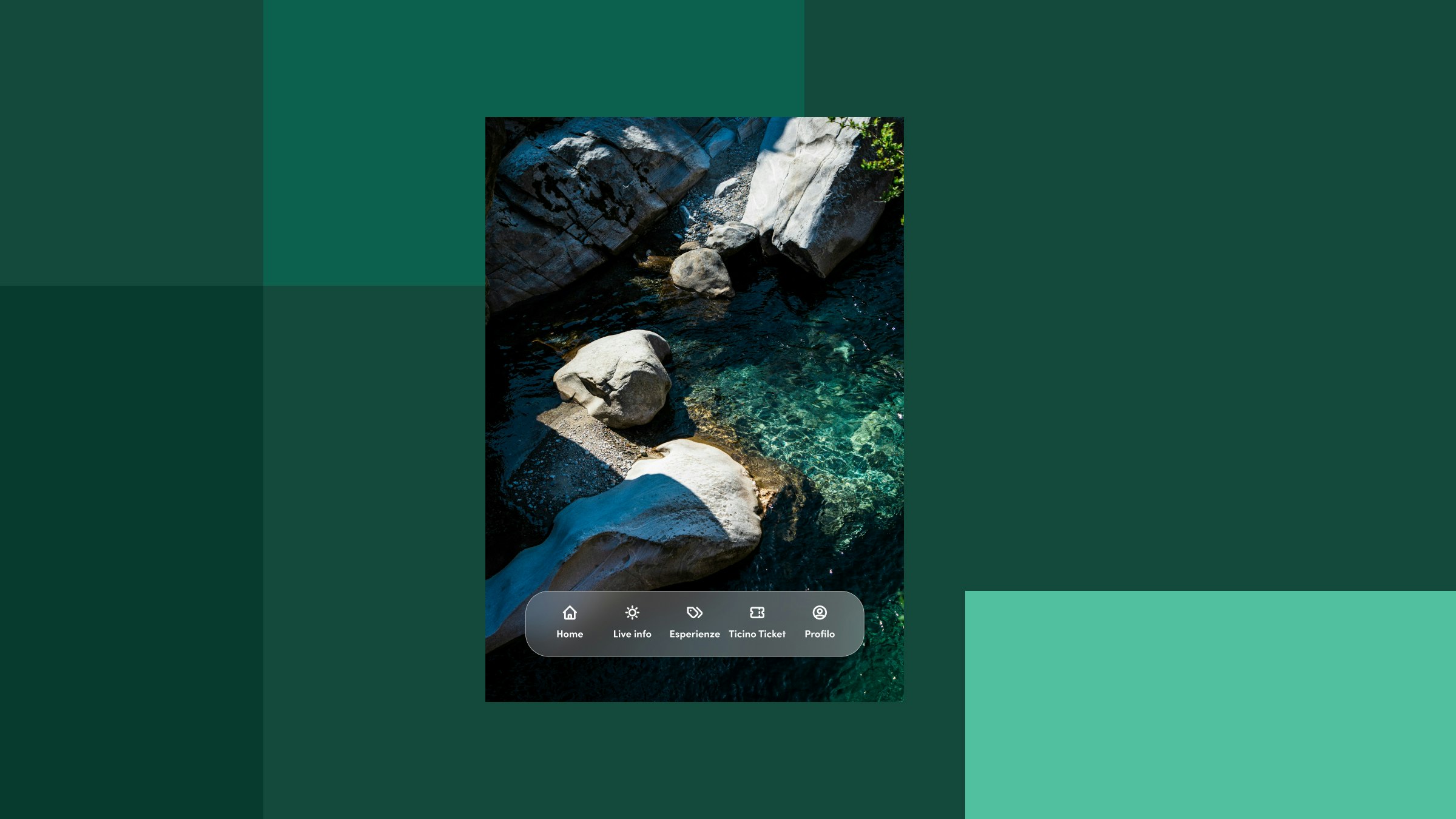 App-Screen mit kristallklarem Wasser und Navigationsleiste.
