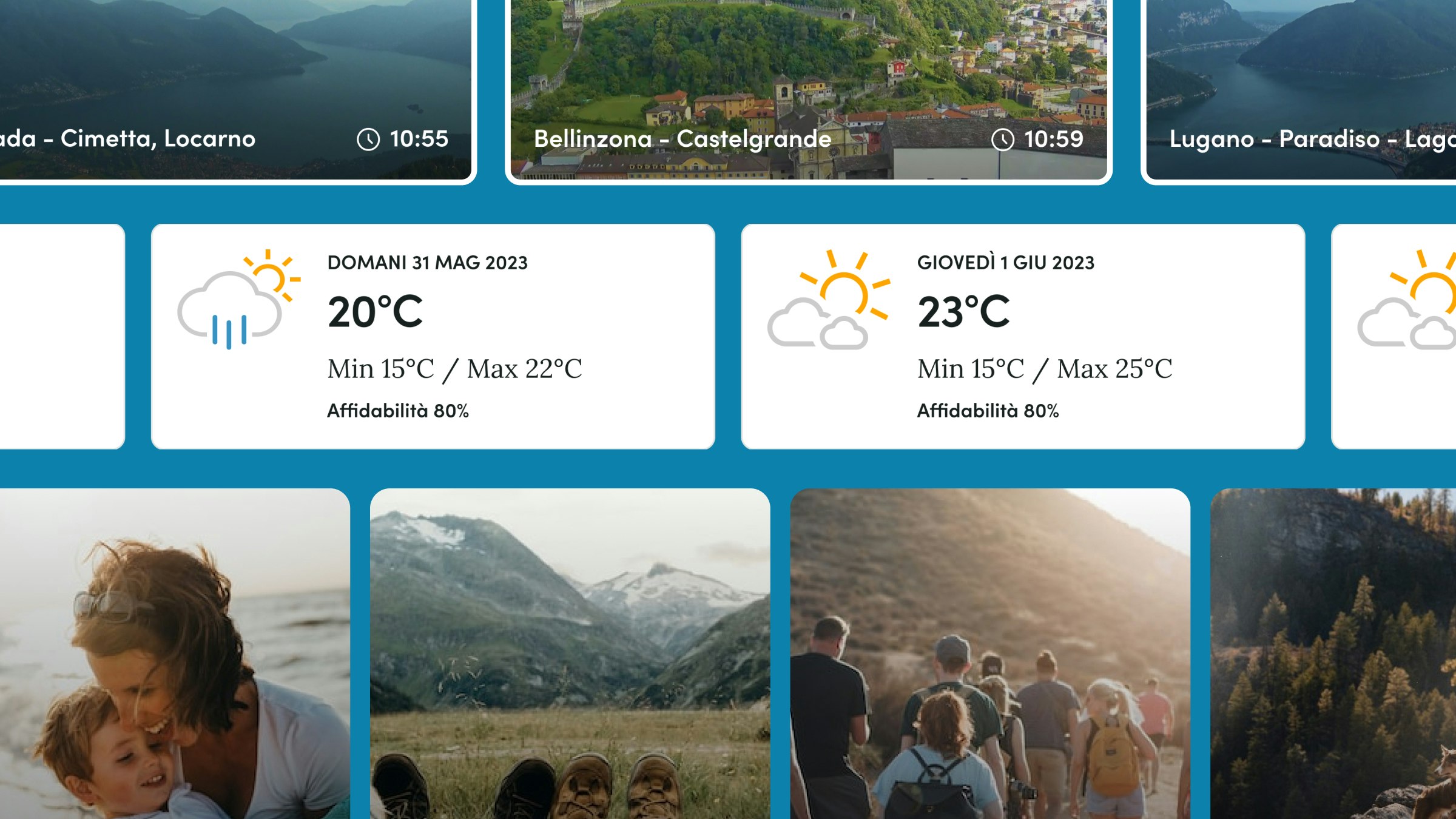 Ticino-App zeigt Wettervorhersage und Freizeiterlebnisse.